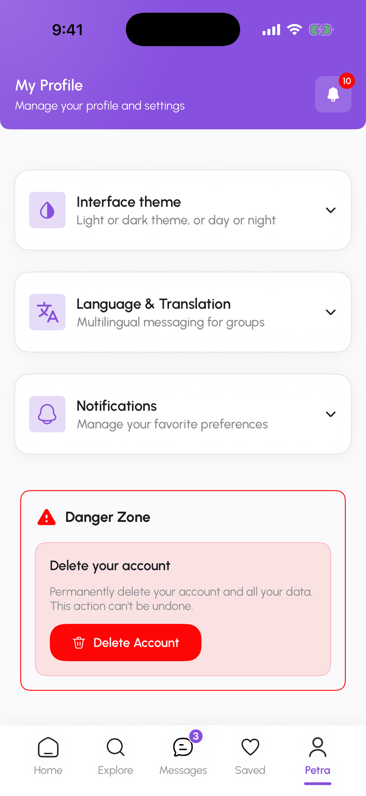 Preferences tab with theme, language, notifications, and Danger Zone