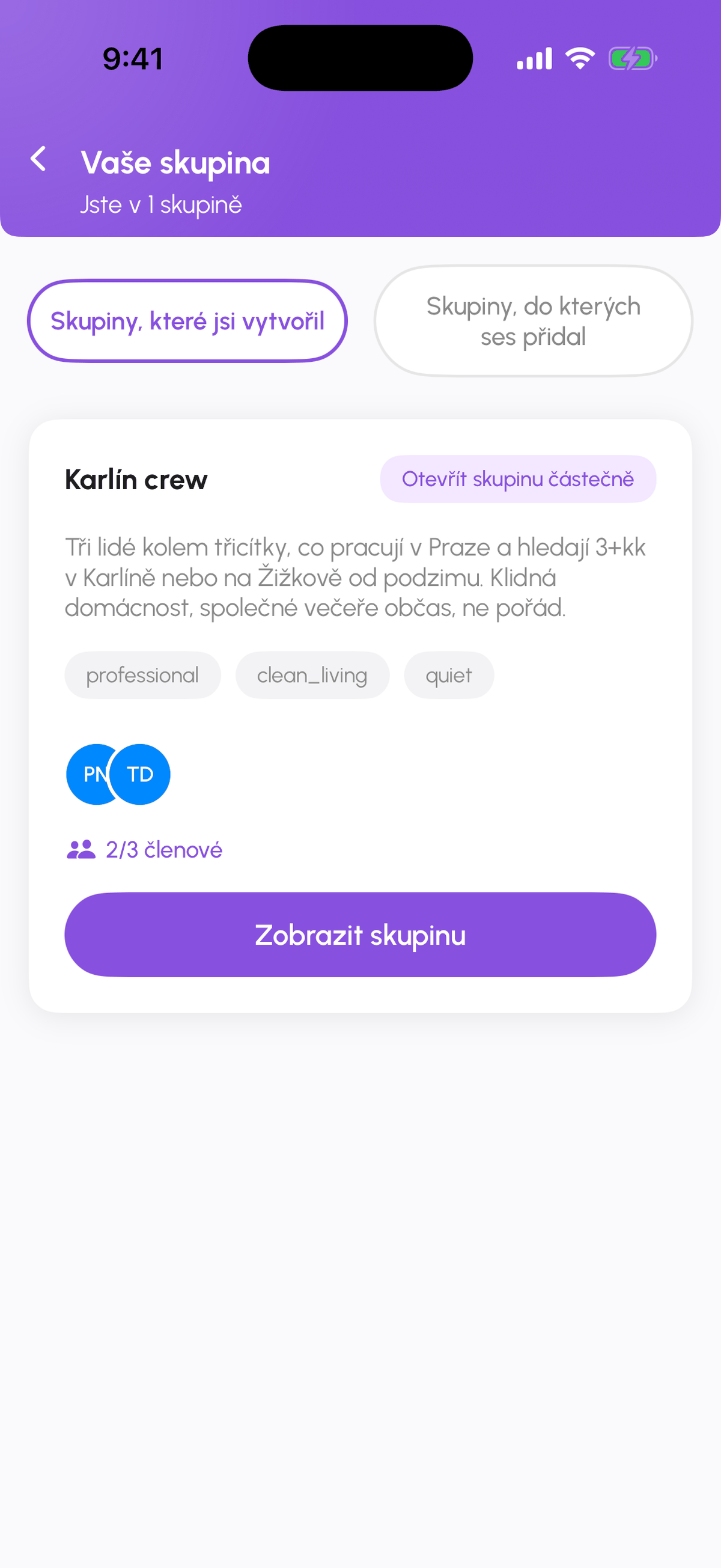Obrazovka Vaše skupina se sekcemi Tebou vytvořené skupiny a Skupiny, ve kterých jsi