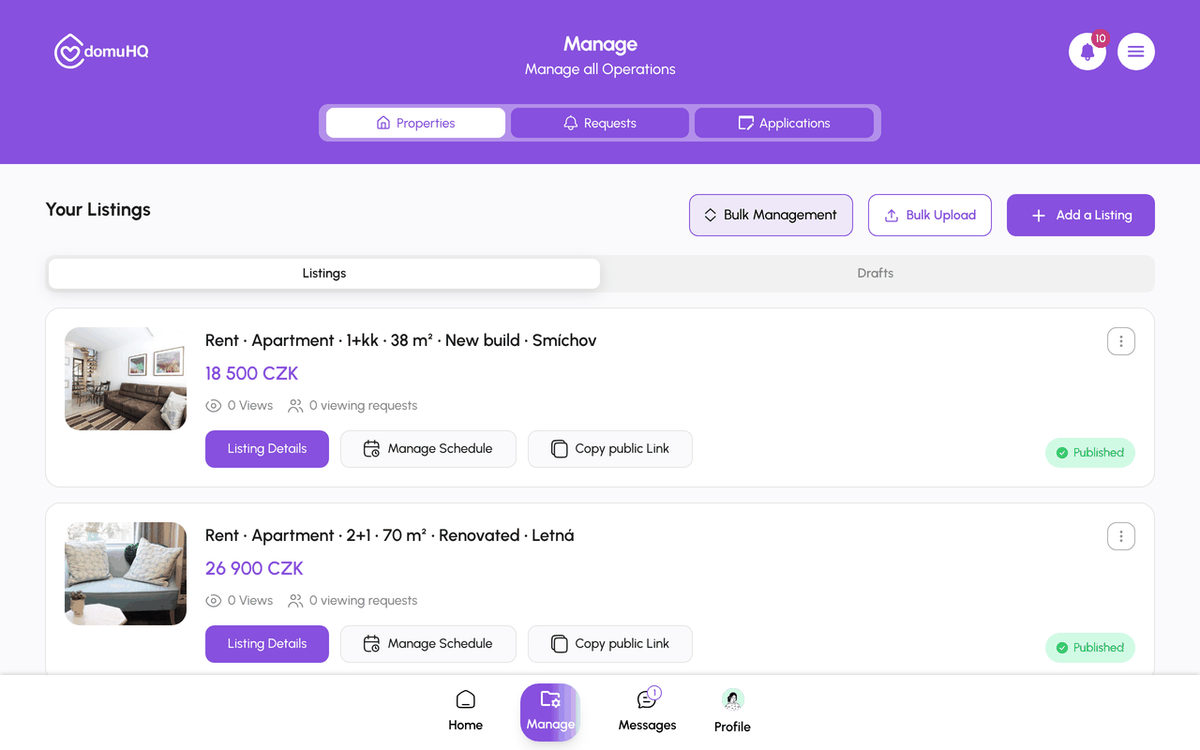 Manage page with Add a Listing and Bulk Upload