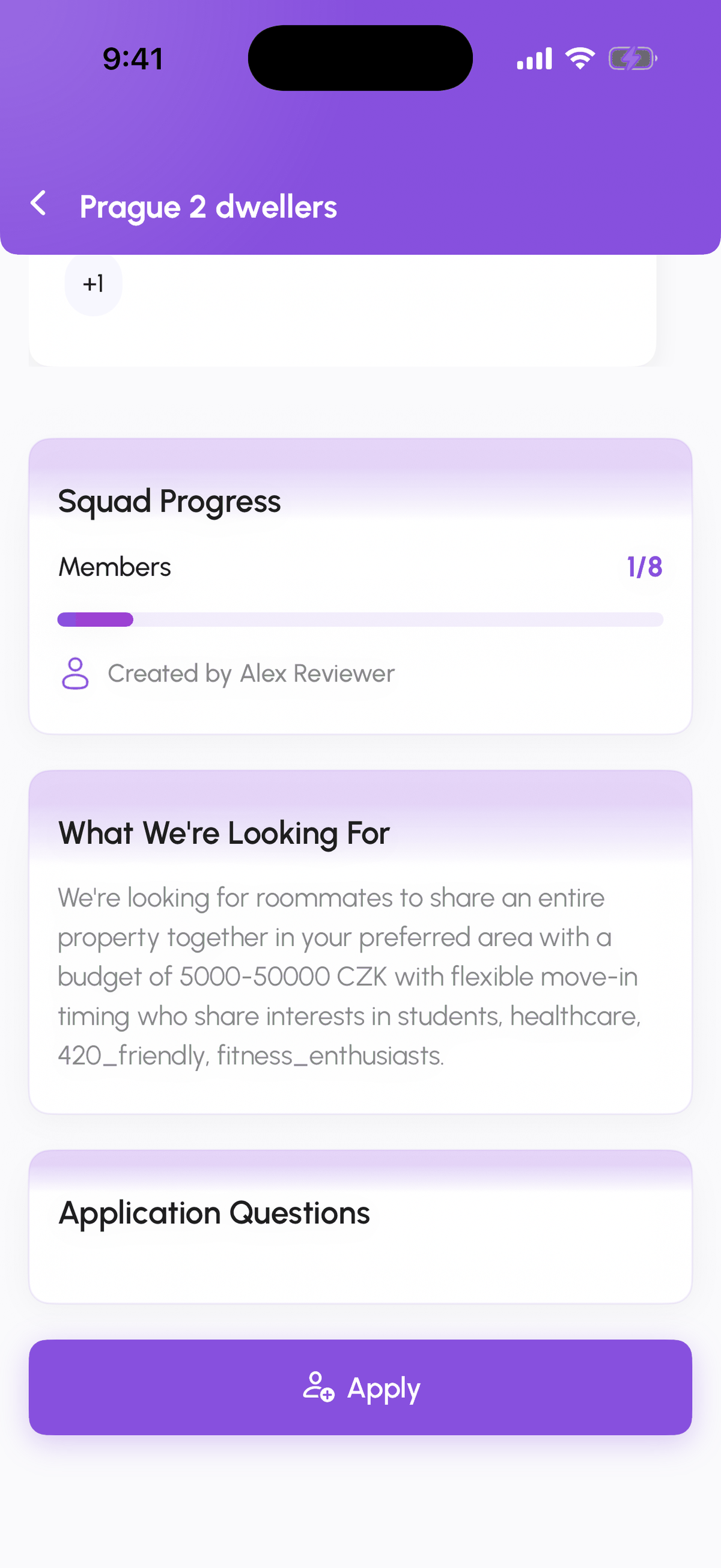 Squad details with Application Questions and the Apply button
