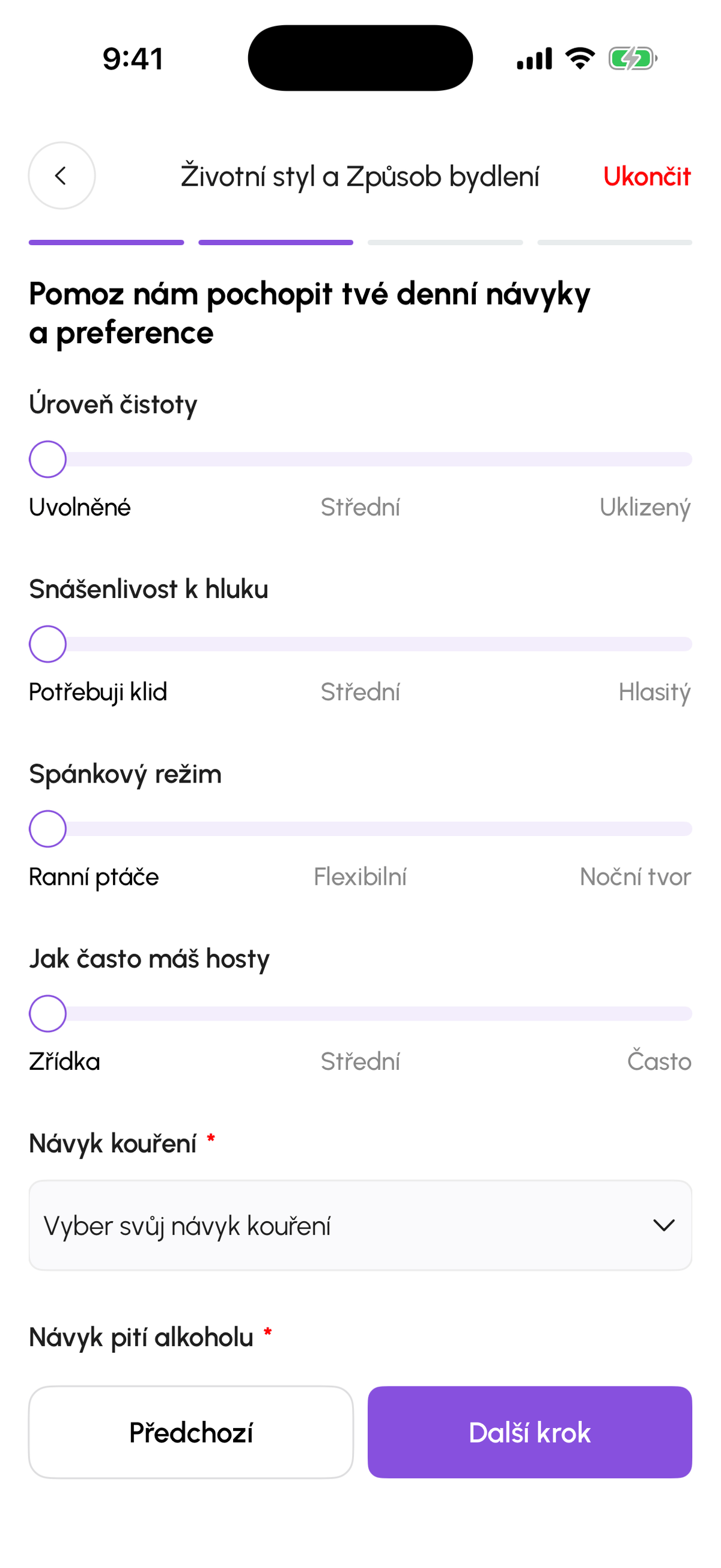 Krok Životní styl a Způsob bydlení v nastavení spolubydlícího