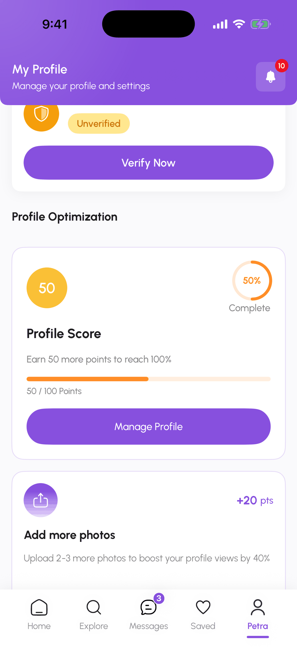 My Hub showing Verification Status with the Verify Now button and the Profile Score