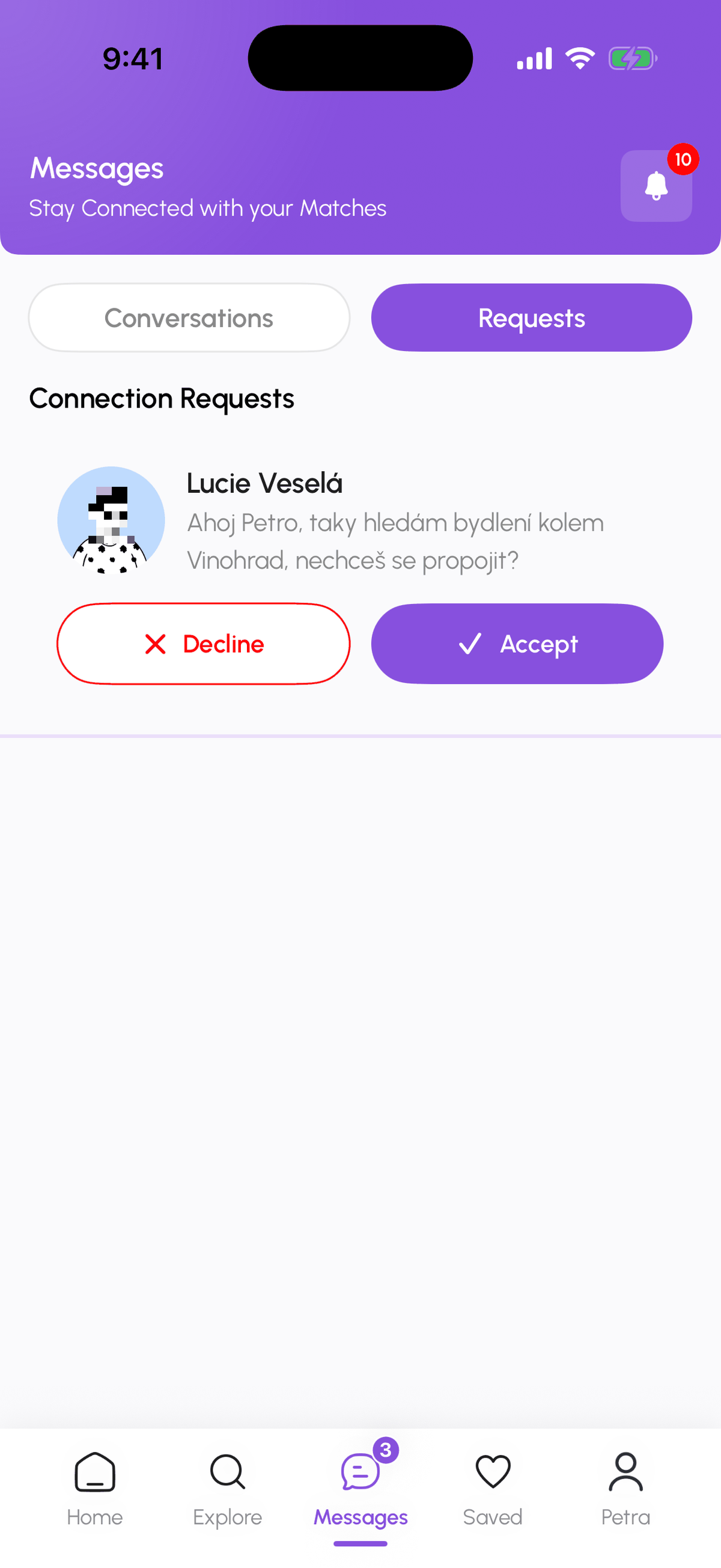 Messages screen with the Requests tab selected