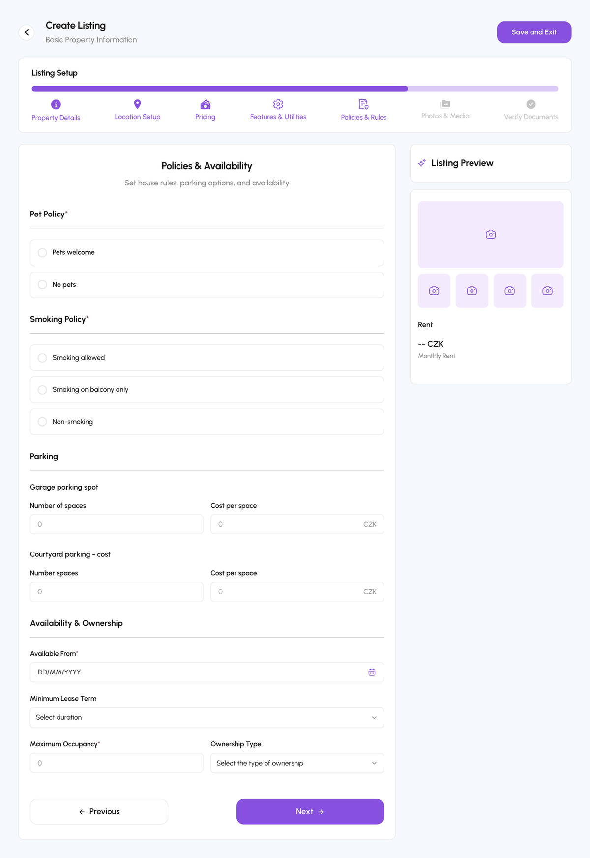 Create Listing, Policies & Availability step