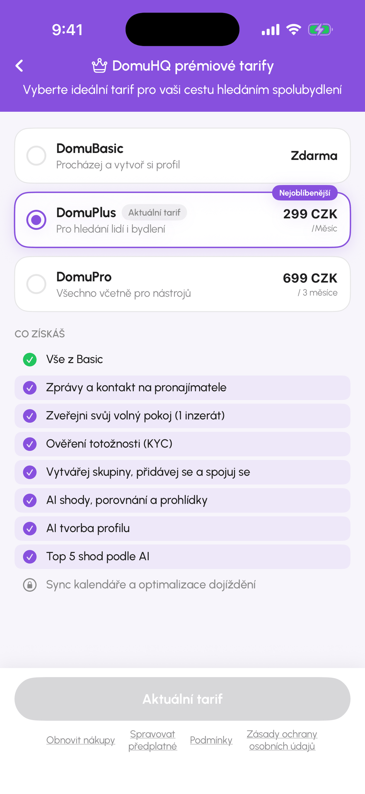 Obrazovka DomuHQ Premium plány s tarify DomuBasic, DomuPlus a DomuPro
