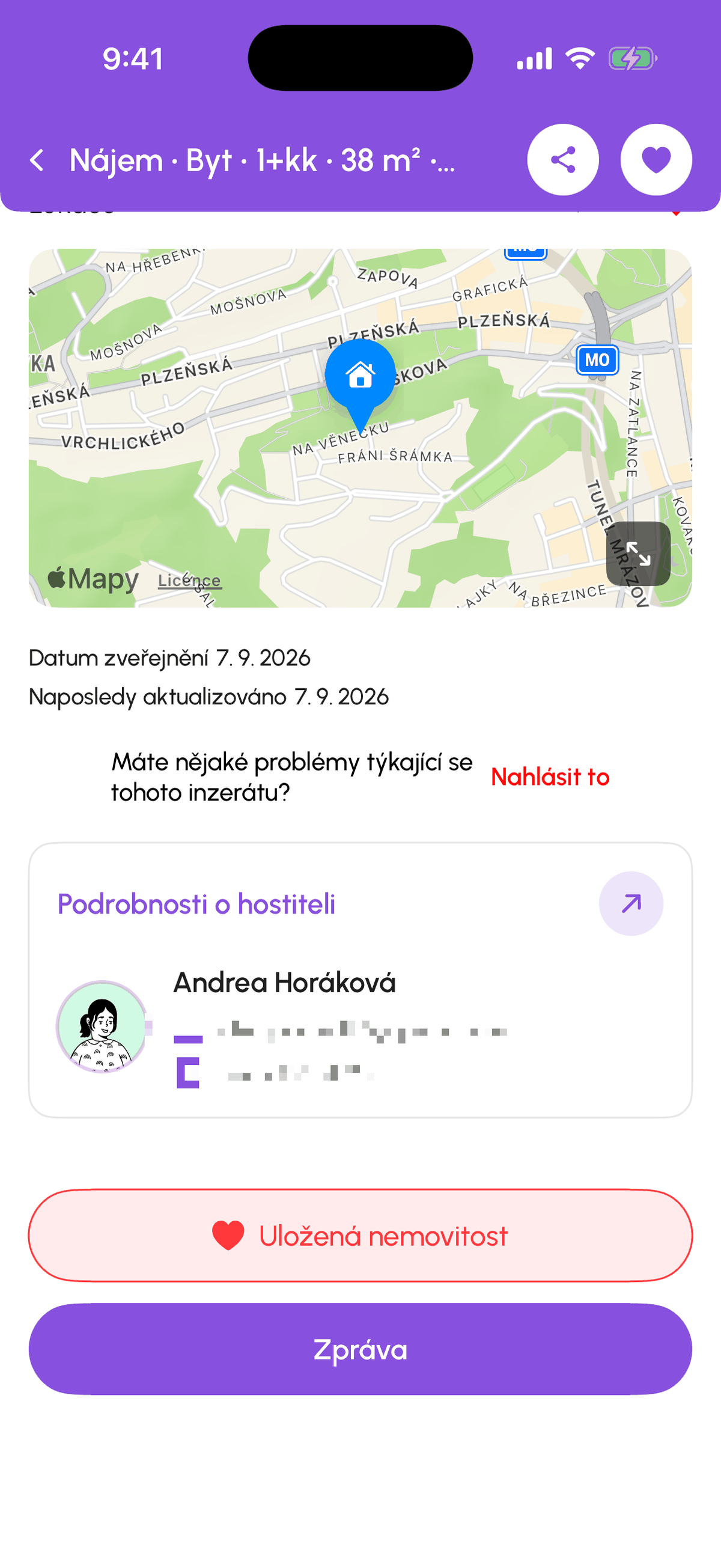 Stránka nemovitosti s tlačítkem Kontaktovat majitele