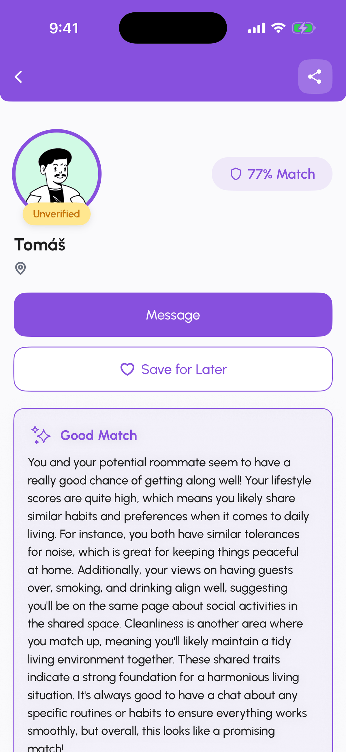 Roommate profile with Say Hello and Save for Later buttons