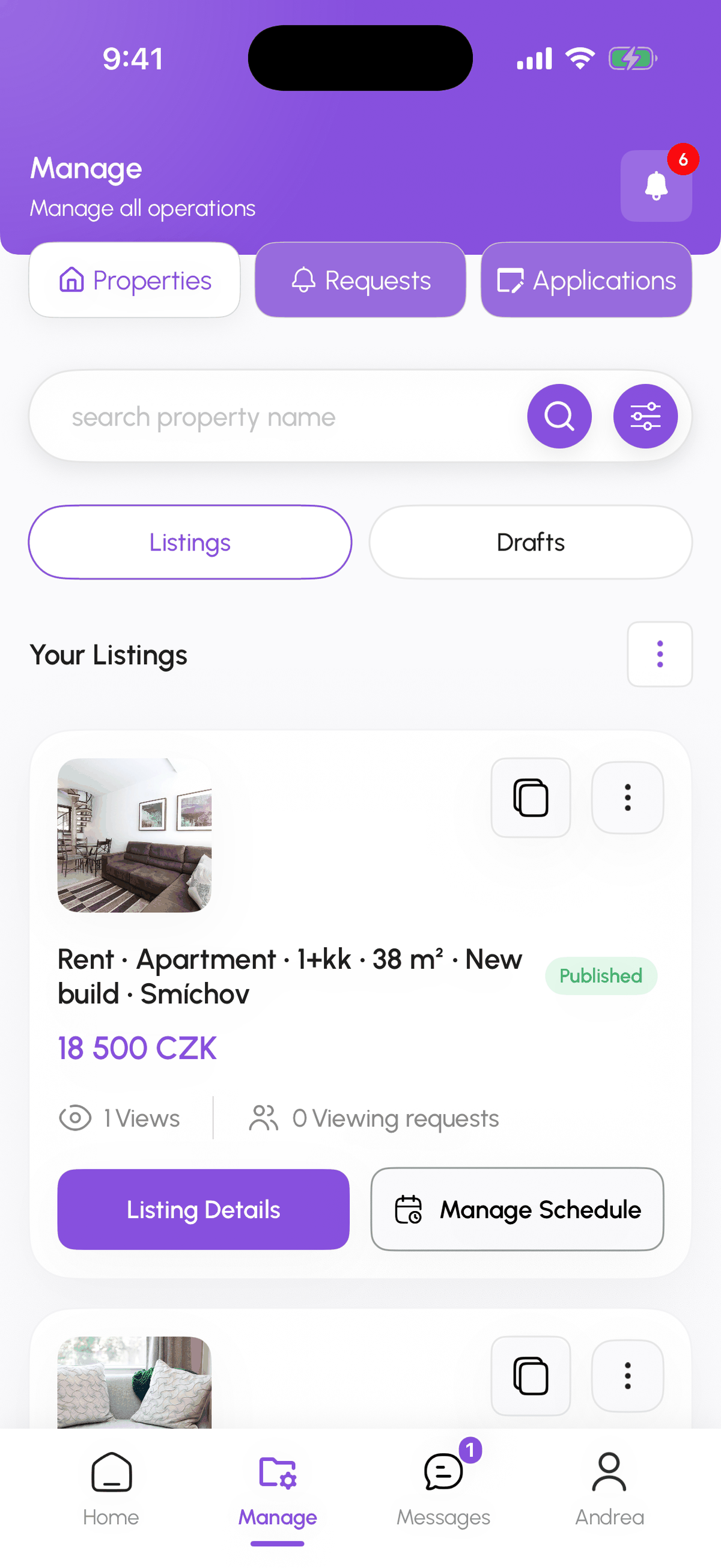 Manage tab with the Properties list on iPhone