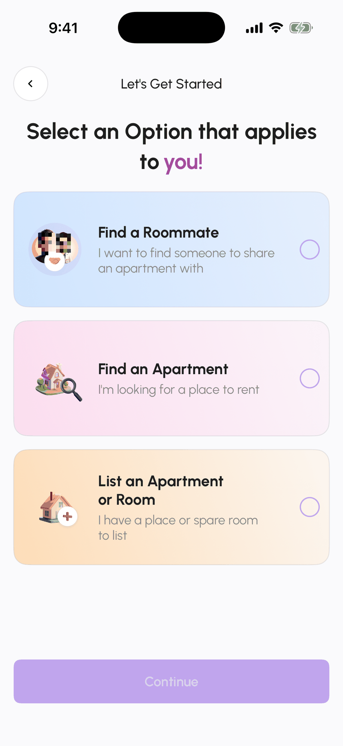 Let's Get Started screen with the three role options