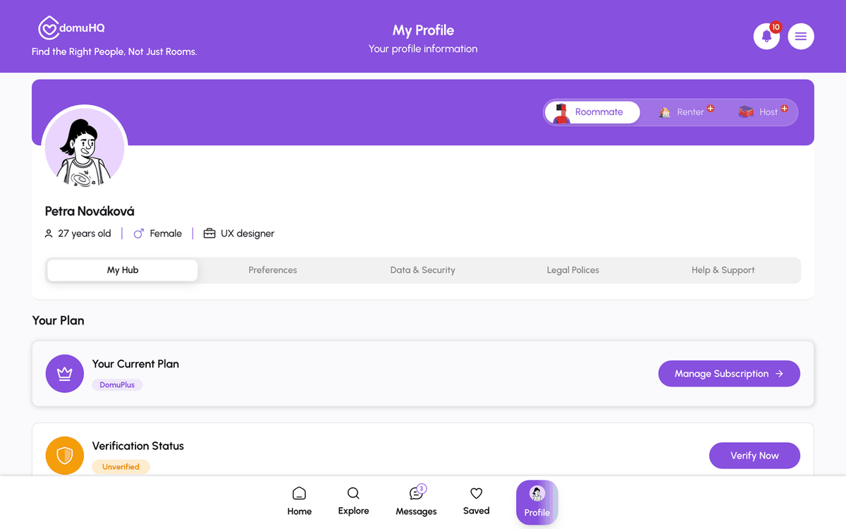 Profile page on the web with the role switcher
