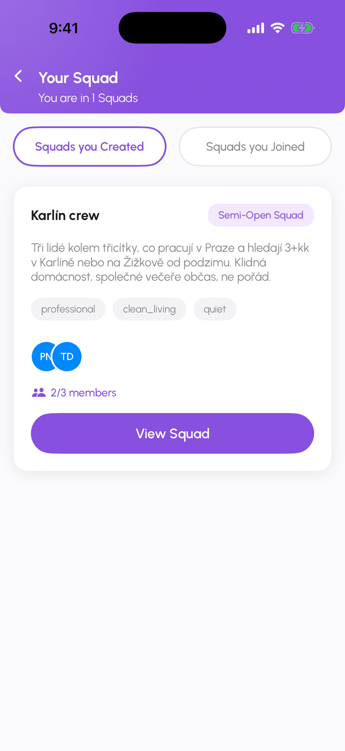 Your Squad screen with Squads you Created and Squads you Joined