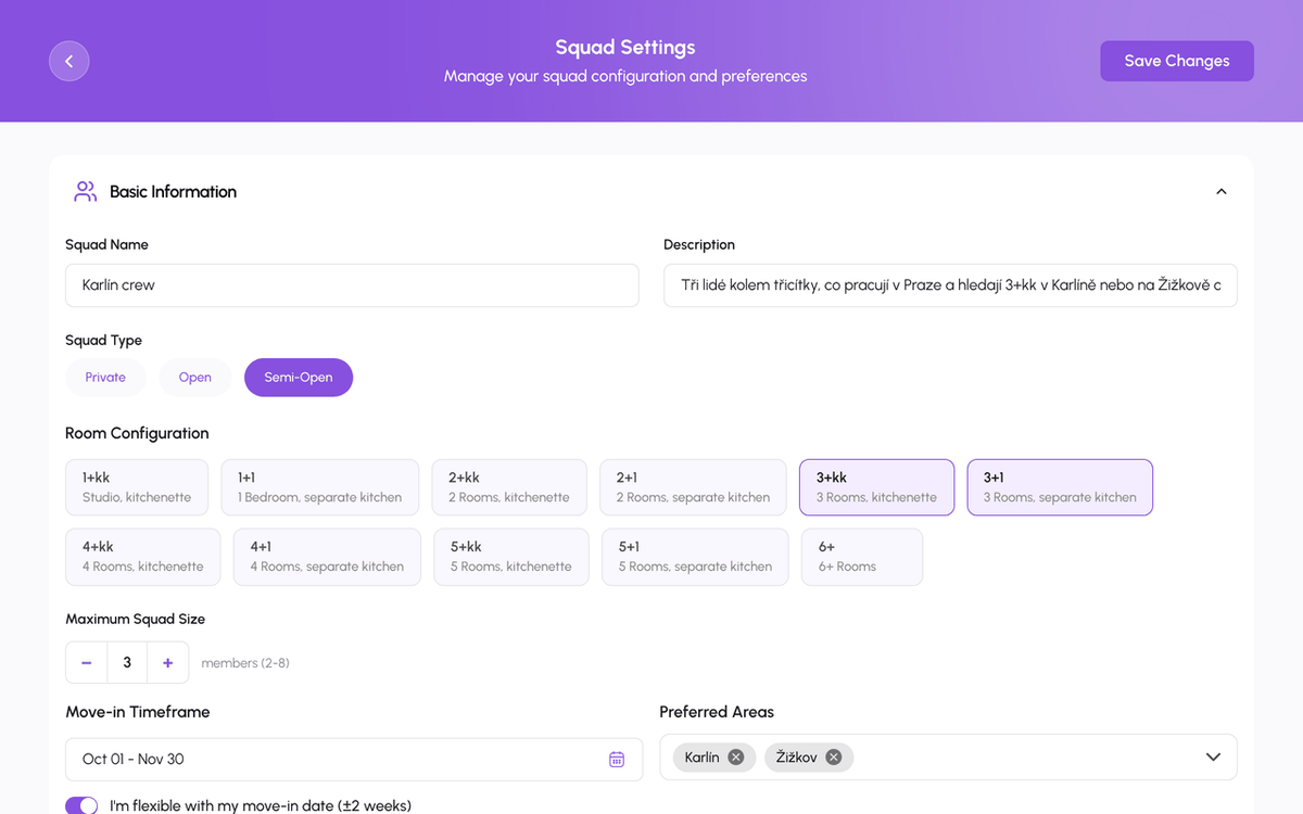Squad Settings page on the web