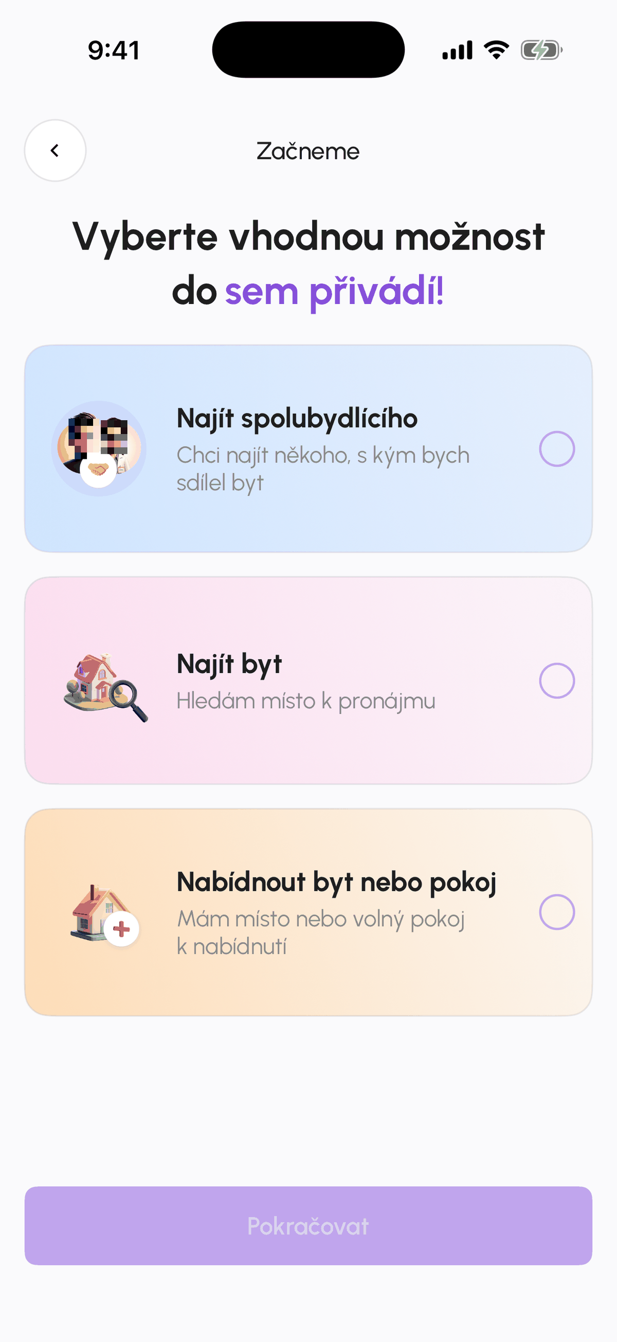 Obrazovka Začneme se třemi možnostmi role