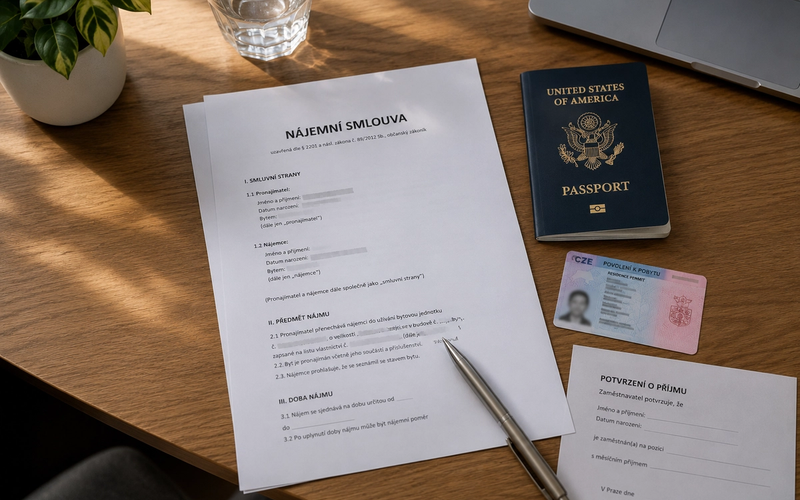 A Czech rental lease agreement on a desk next to a passport, residence permit card, and a pen, ready to sign