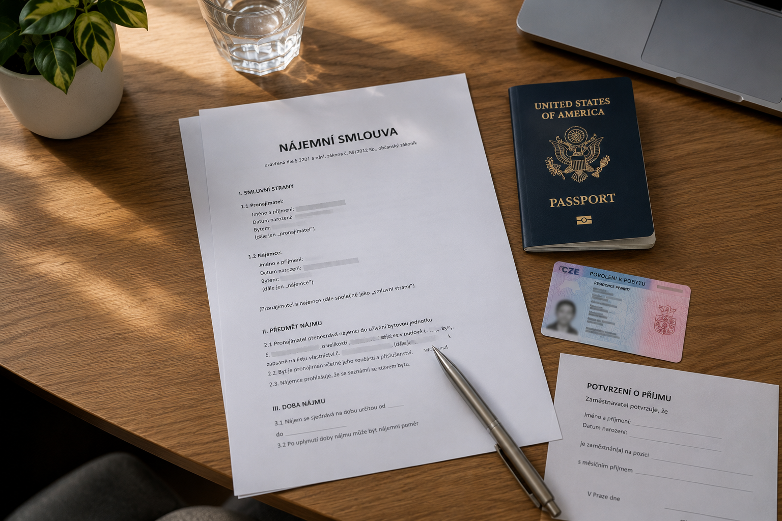 A Czech rental lease agreement on a desk next to a passport, residence permit card, and a pen, ready to sign