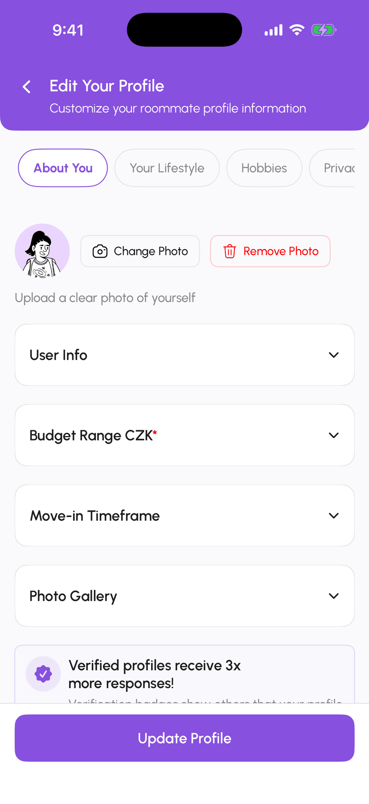 Edit Your Profile with the About You tab open