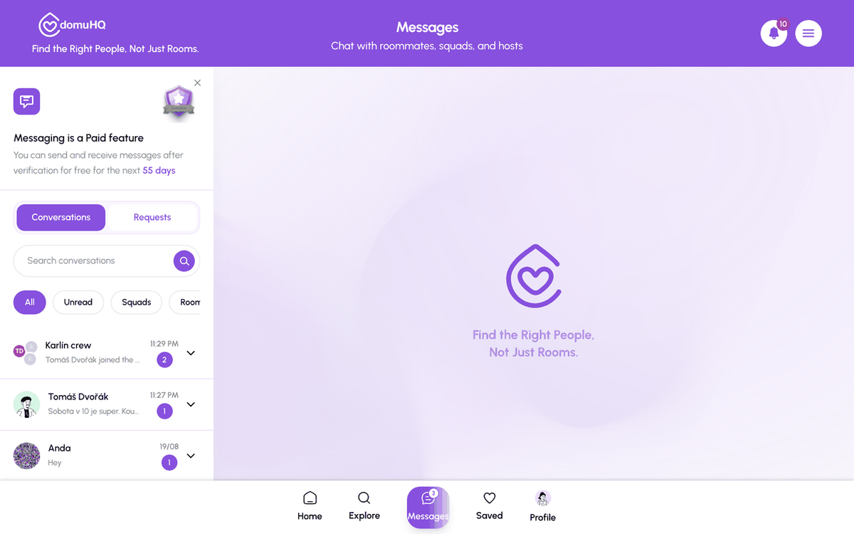 Messages on the web with the conversation list and filters