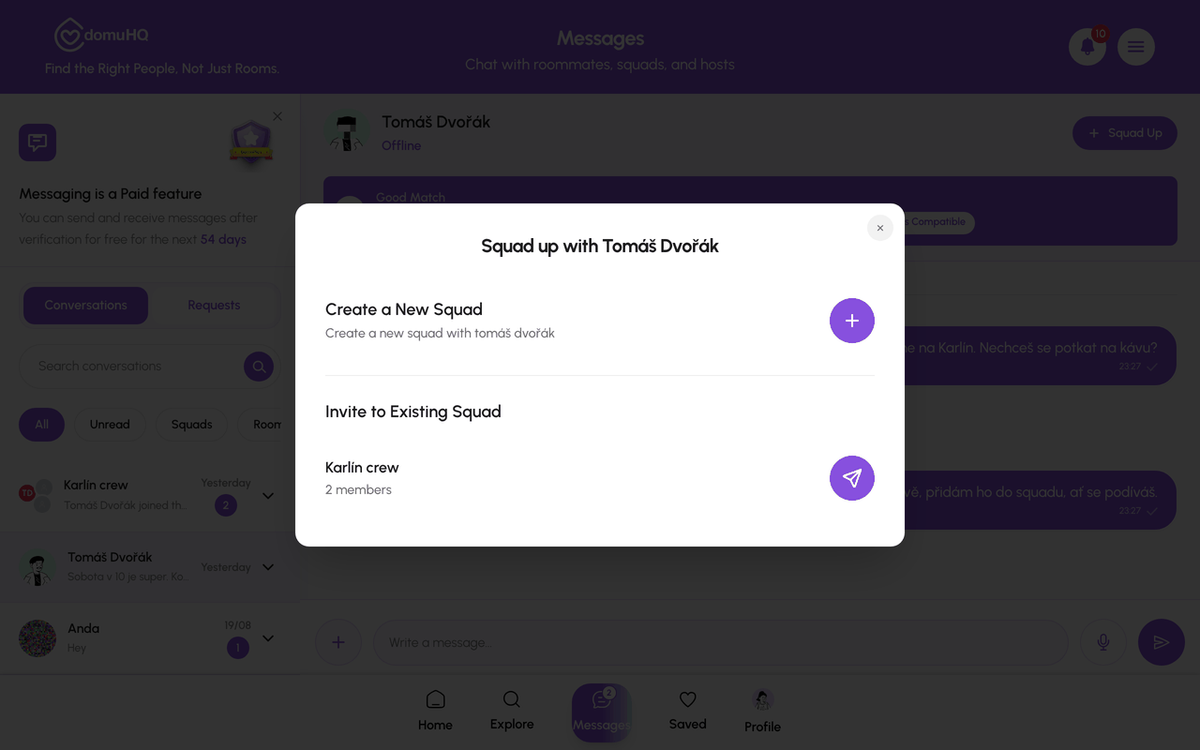 Squad Up sheet on the web with Create a New Squad and Invite to Existing Squad