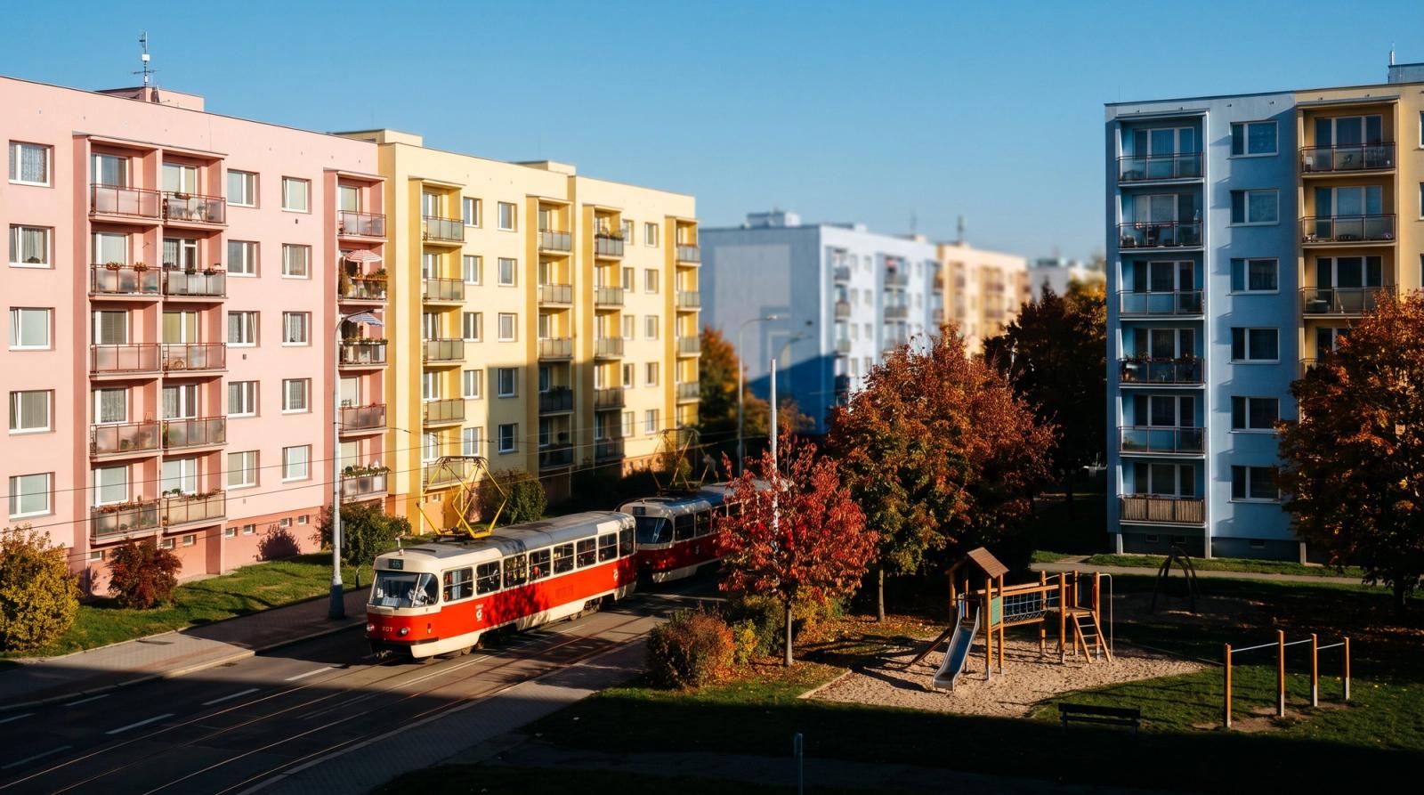 Renovated panel apartment blocks and a tram in an outer Prague district