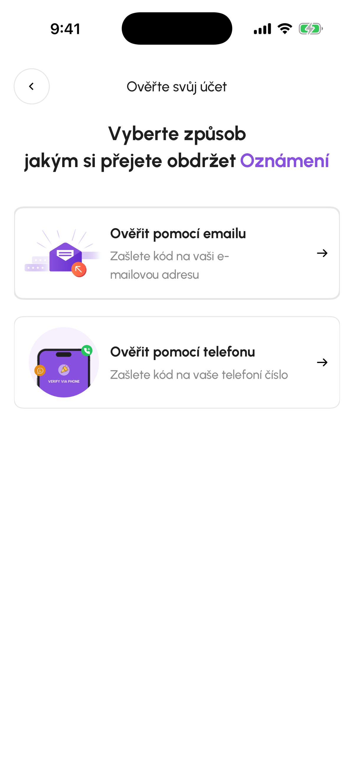 Obrazovka ověření účtu s volbami Ověřit přes e-mail a Ověřit přes telefon