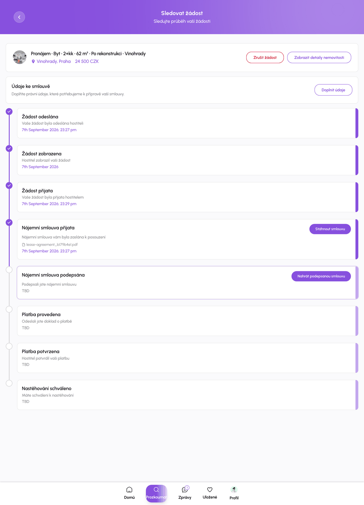 Stránka Sledovat žádost na webu z pohledu nájemce s kroky smlouvy