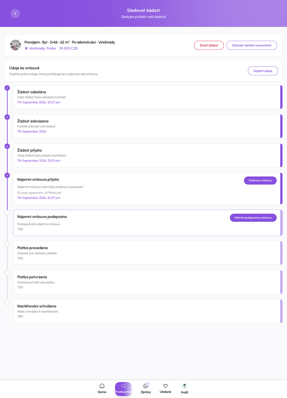 Stránka Sledovat žádost na webu z pohledu nájemce s kroky smlouvy