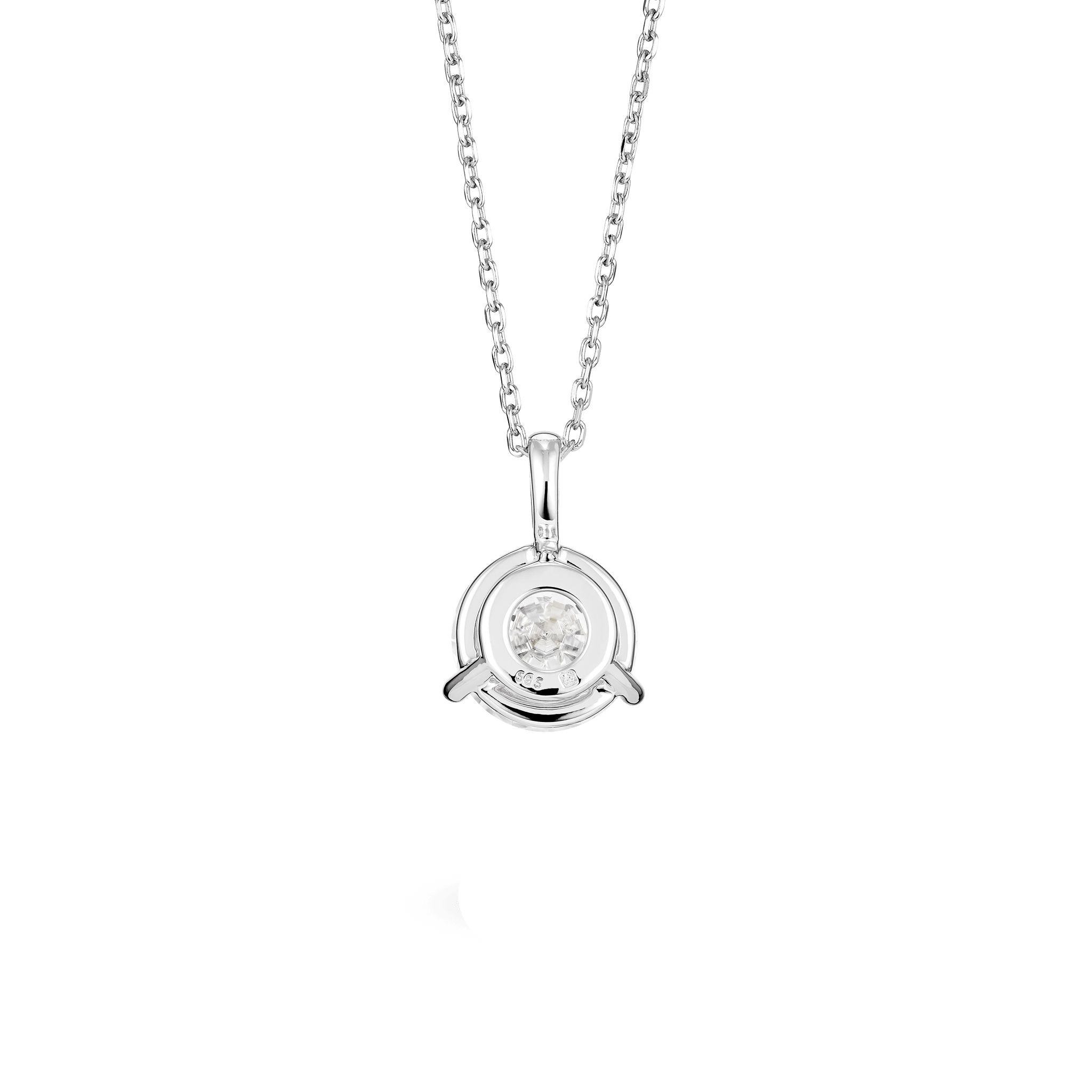 Back view of white gold, lab-grown 2 carat round brilliant bale pendant