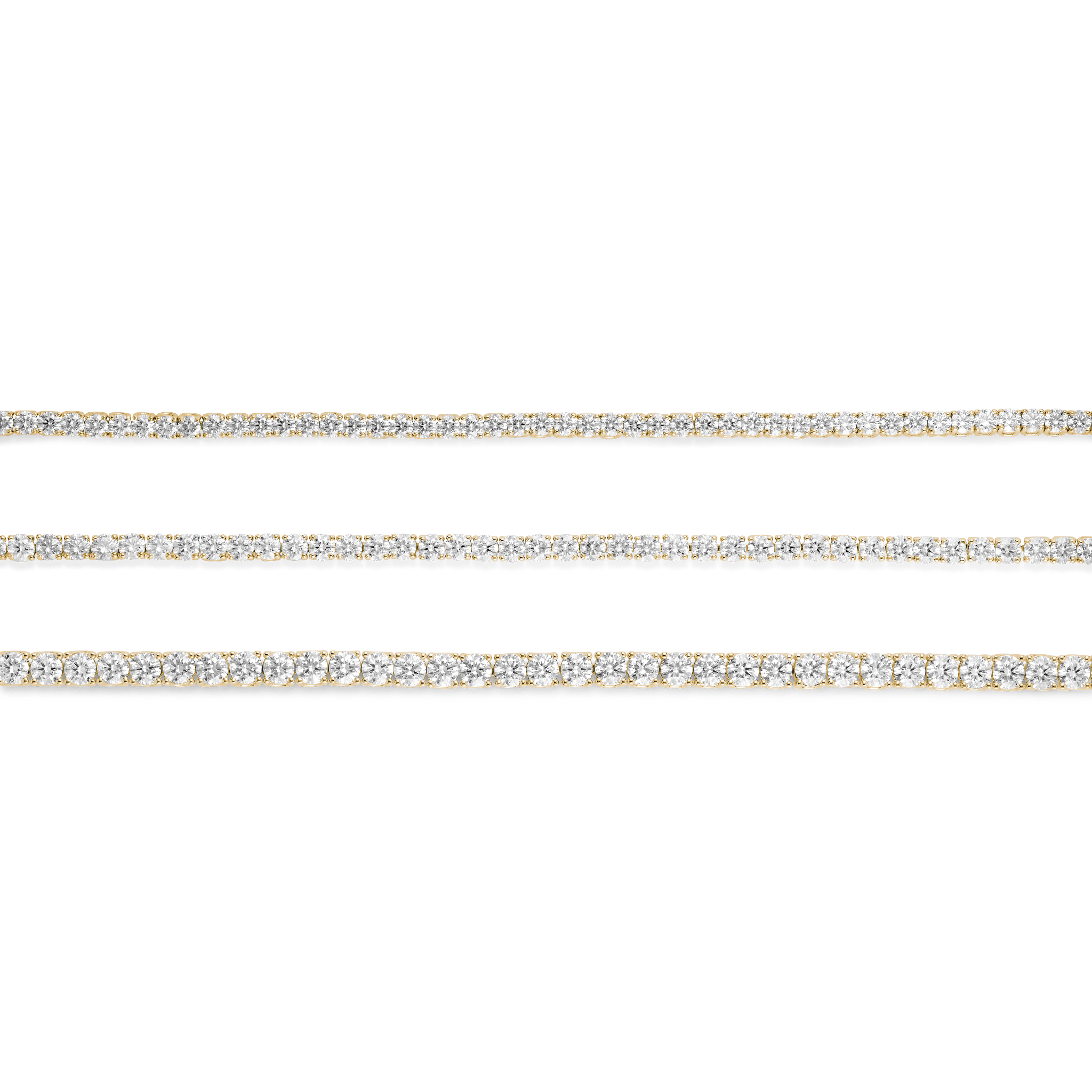 Group shot of yellow gold tennis bracelets to show comparison of small, medium and large diamond size