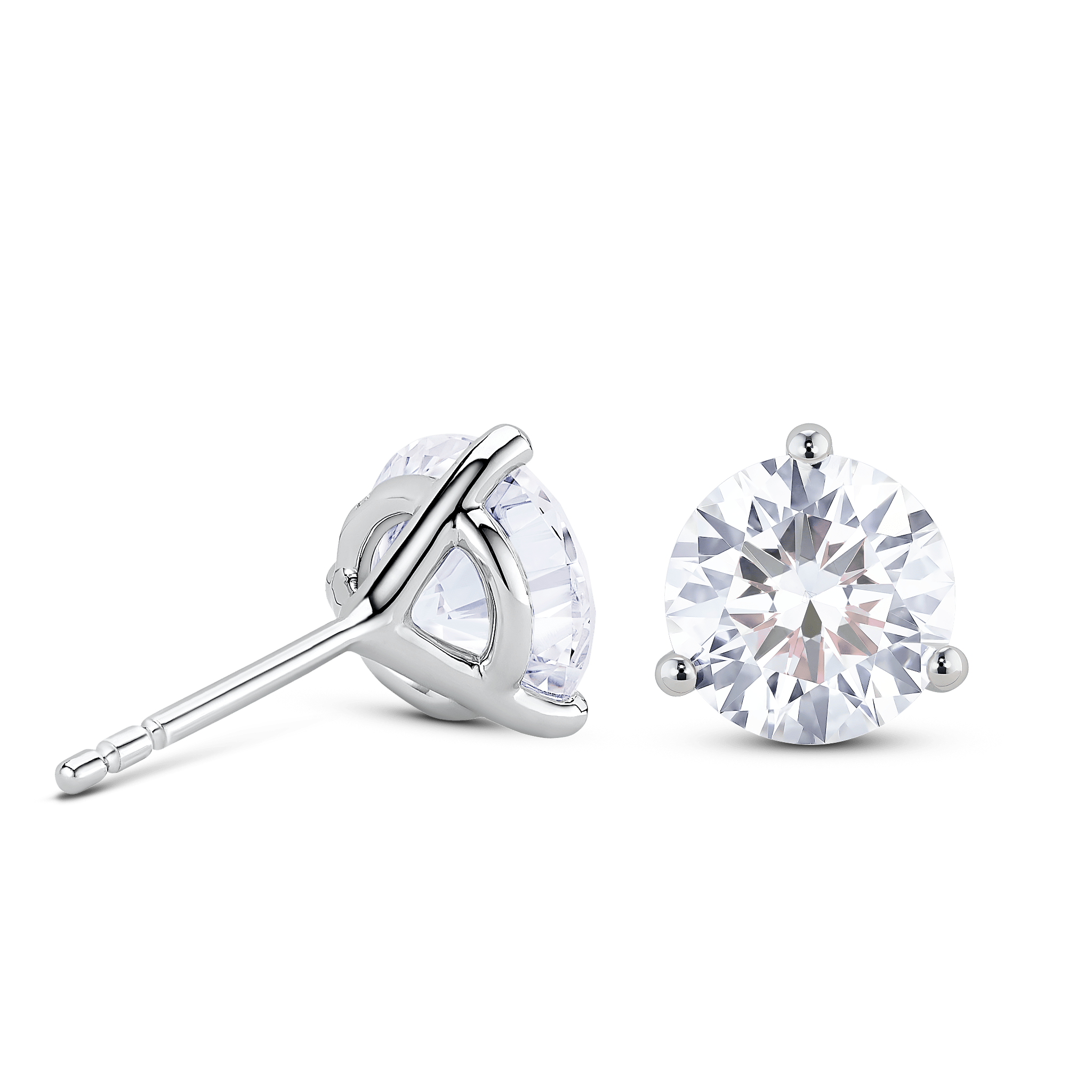 Back view of white gold, lab-grown 3 carat total weight round brilliant studs