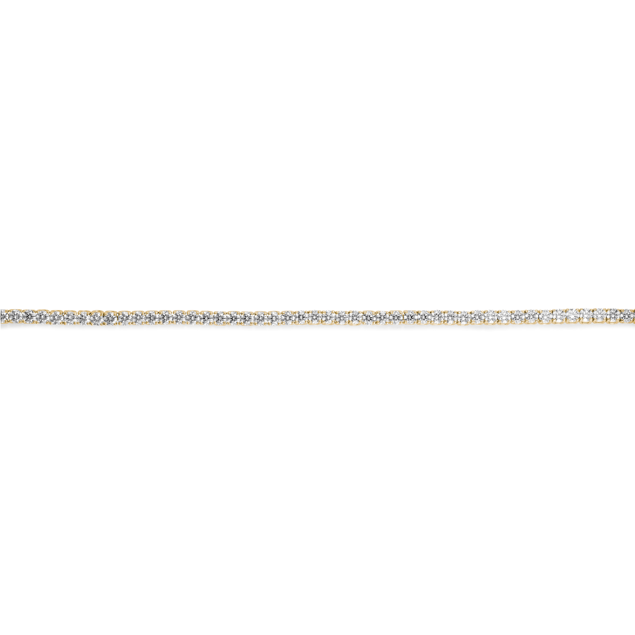 Straight overview of 5.25 carat total weight yellow gold tennis bracelet