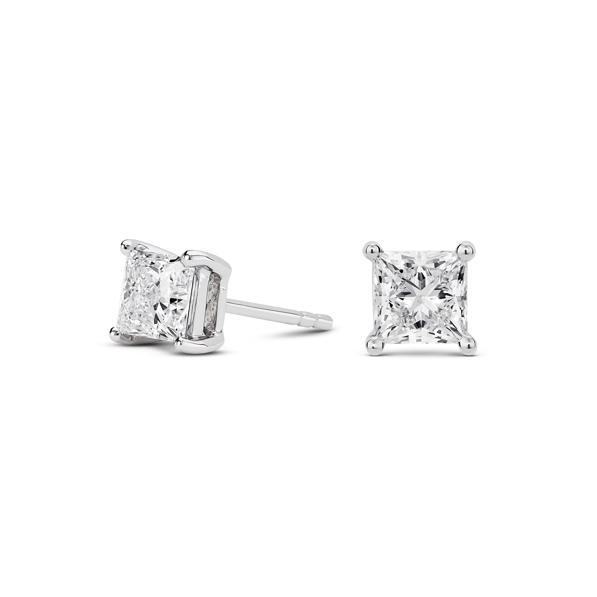 Side view of white gold 2 carat total weight lab-grown princess cut studs