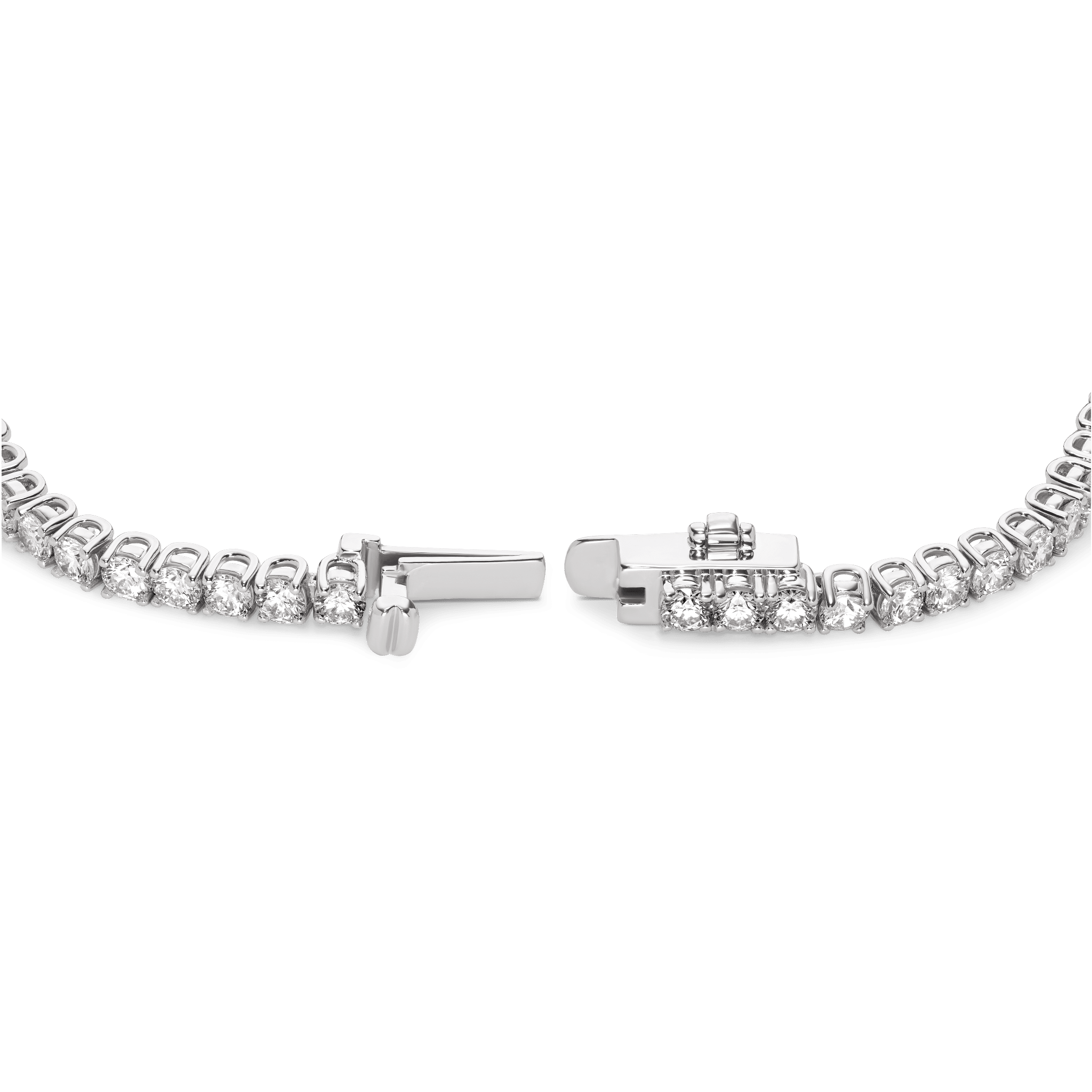 Open clasp image of 5.25 carat total weight white gold tennis necklace