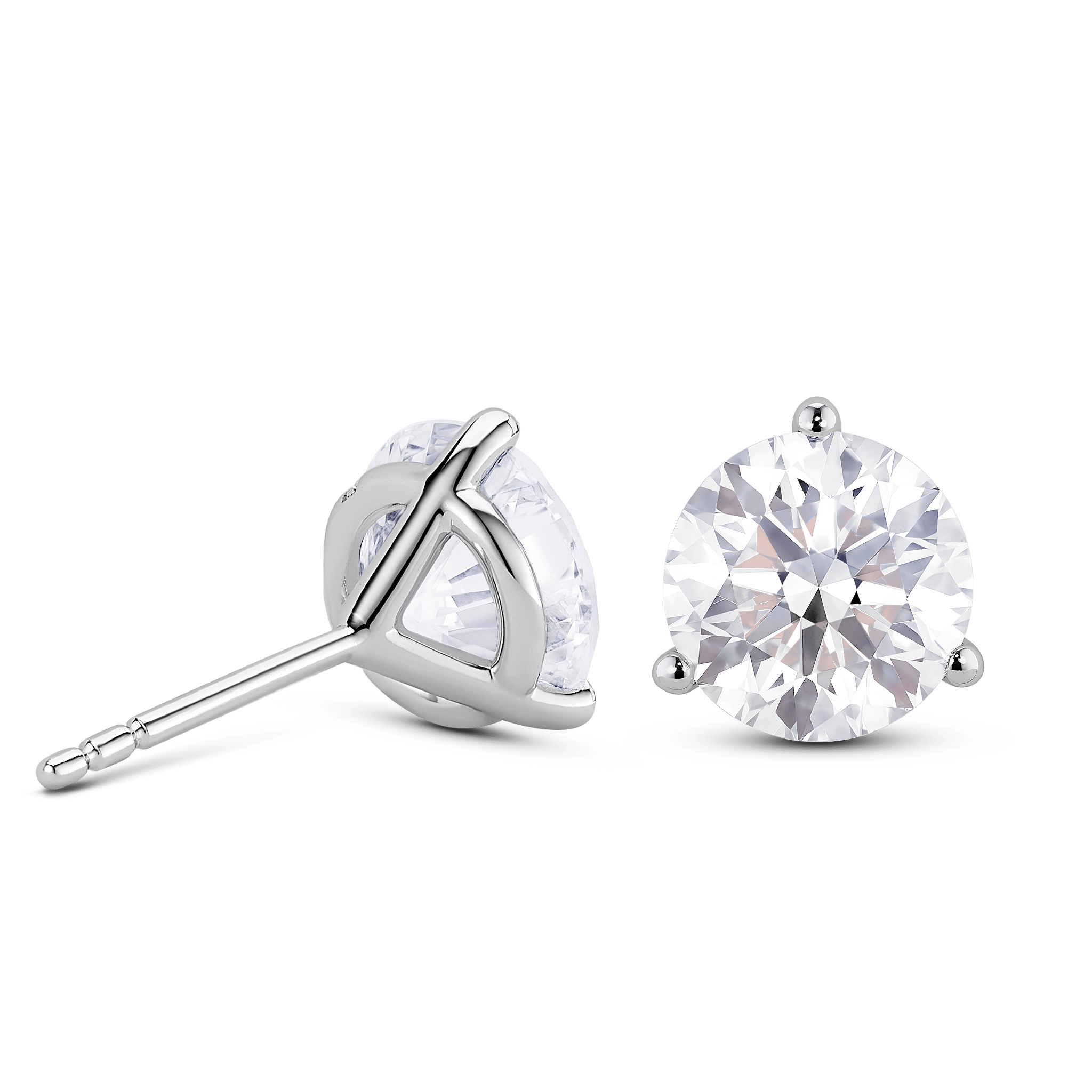 Back view of white gold, lab-grown 3.5 carat total weight round brilliant studs