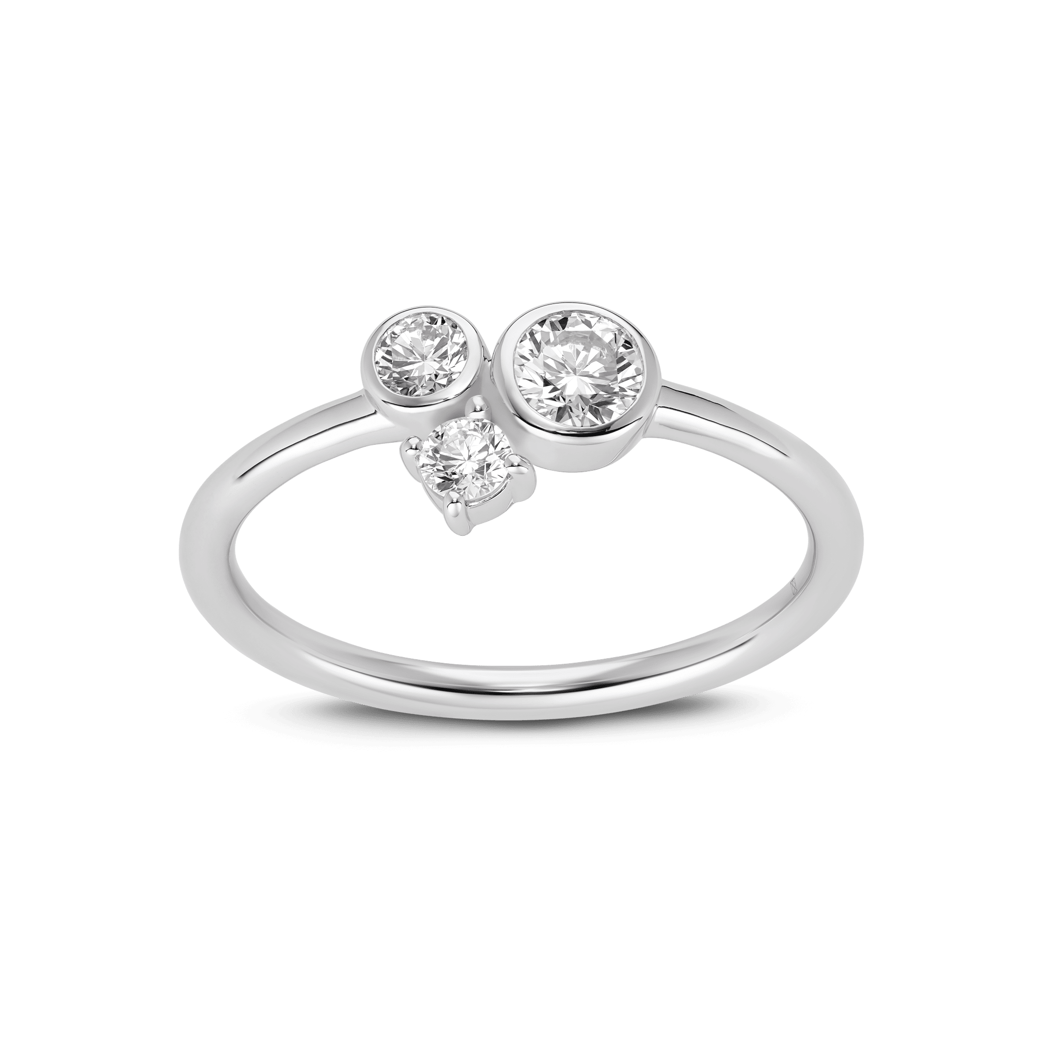 Front, angled view of the white gold, 3 stone Sellwood Ring