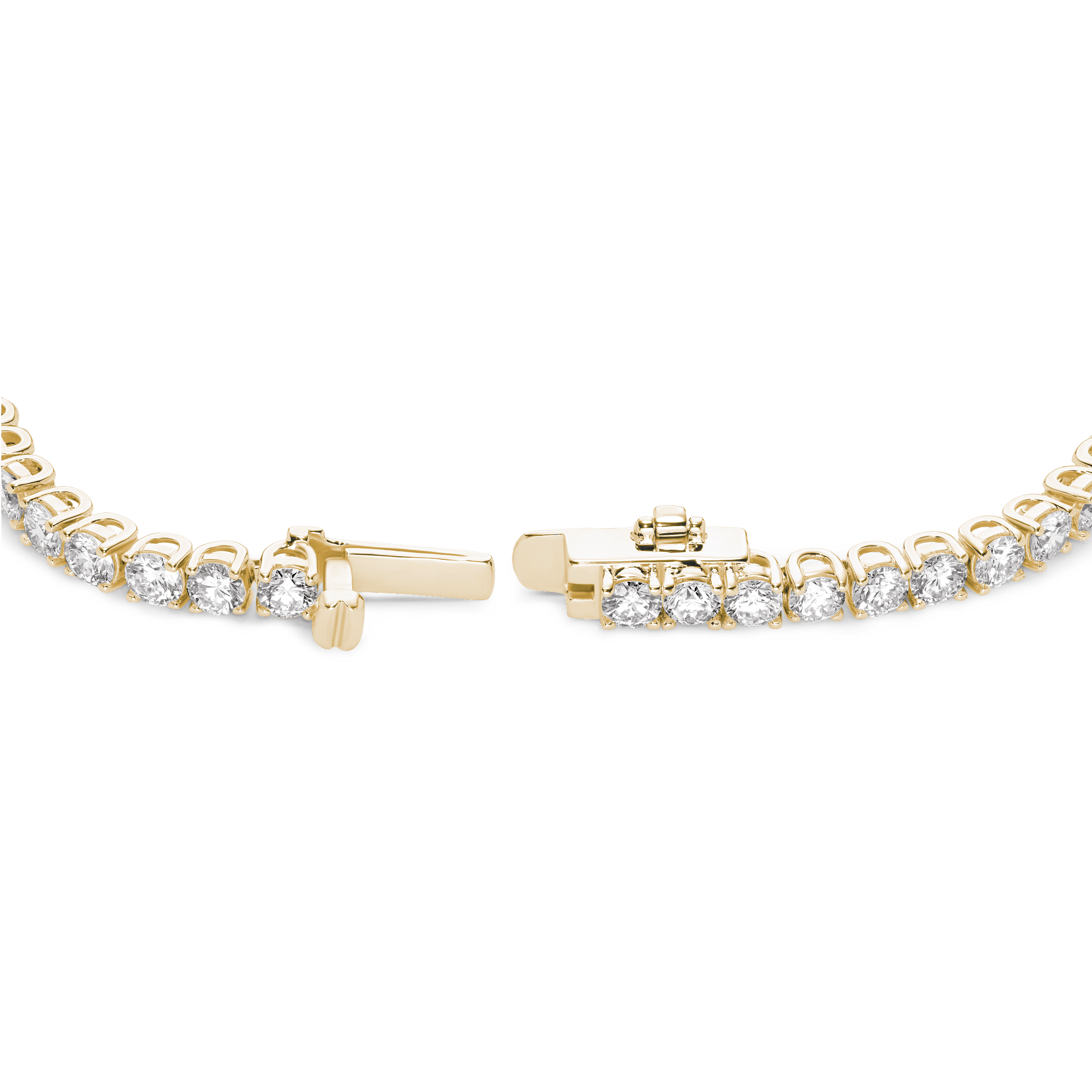Open clasp image of of 6.75 carat total weight yellow gold tennis bracelet