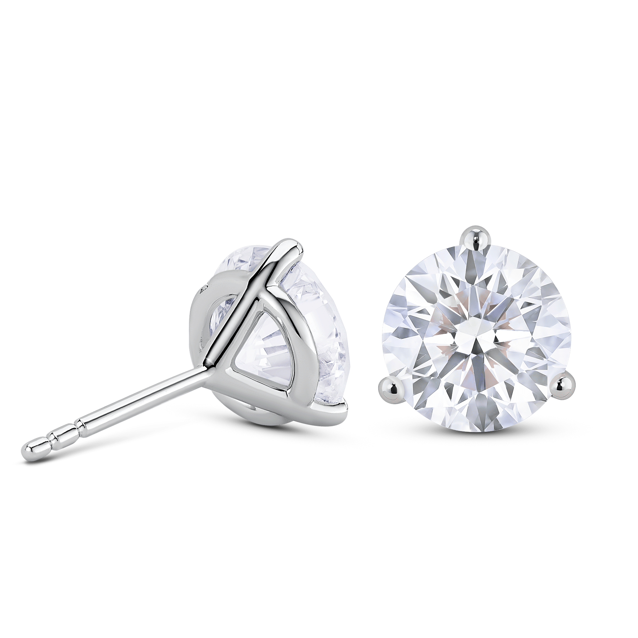 Back view of white gold, lab-grown 4 carat total weight round brilliant studs