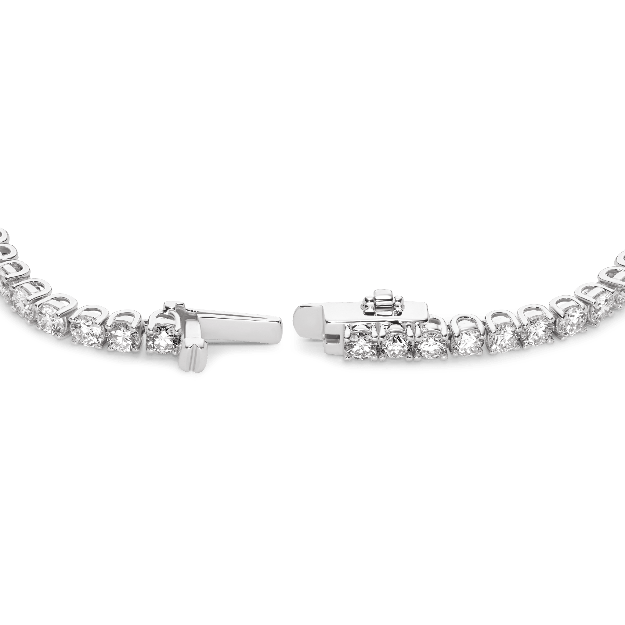Open clasp image of 6.75 carat total weight white gold tennis bracelet