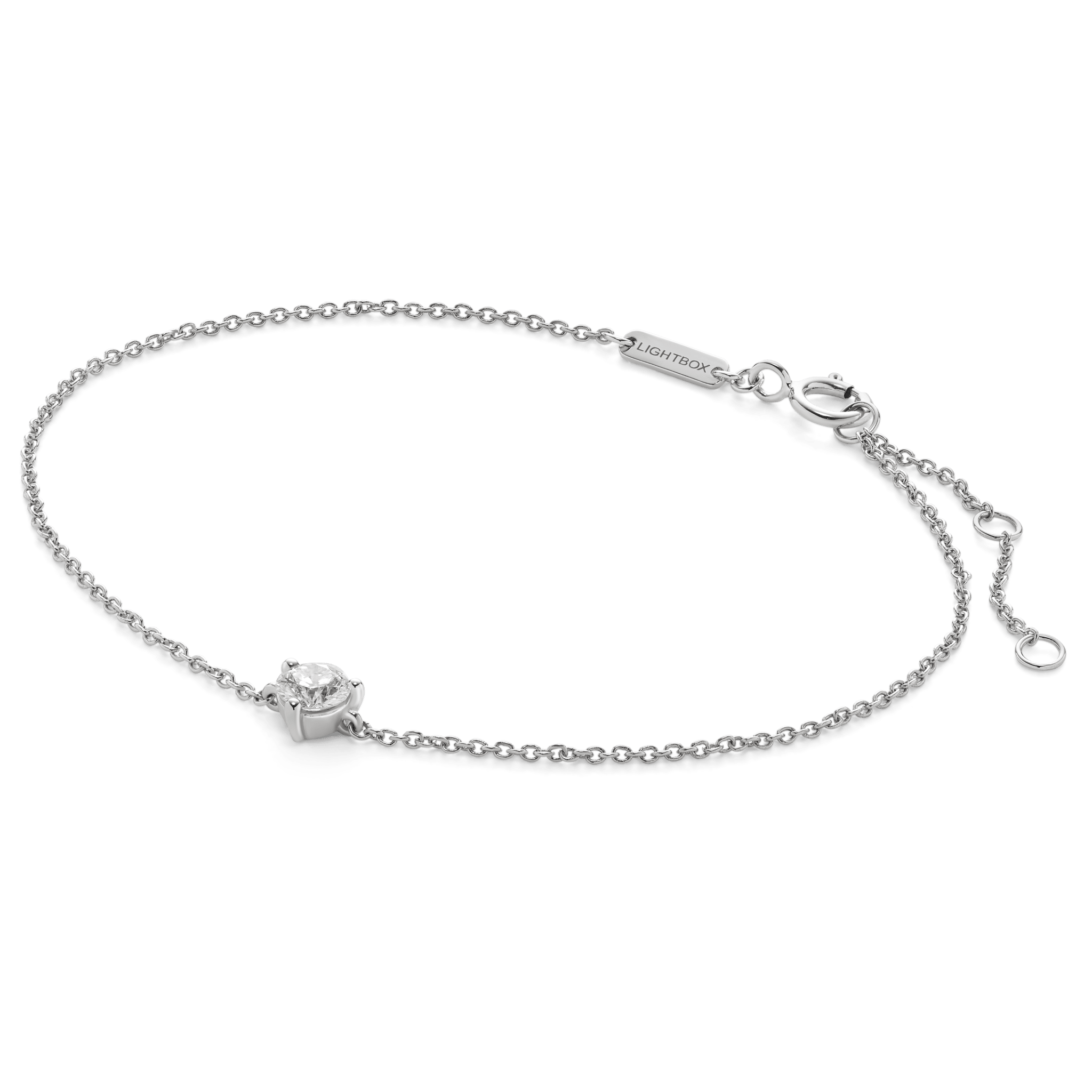 Side view of white gold, lab-grown 0.25 carat round brilliant mini bracelet