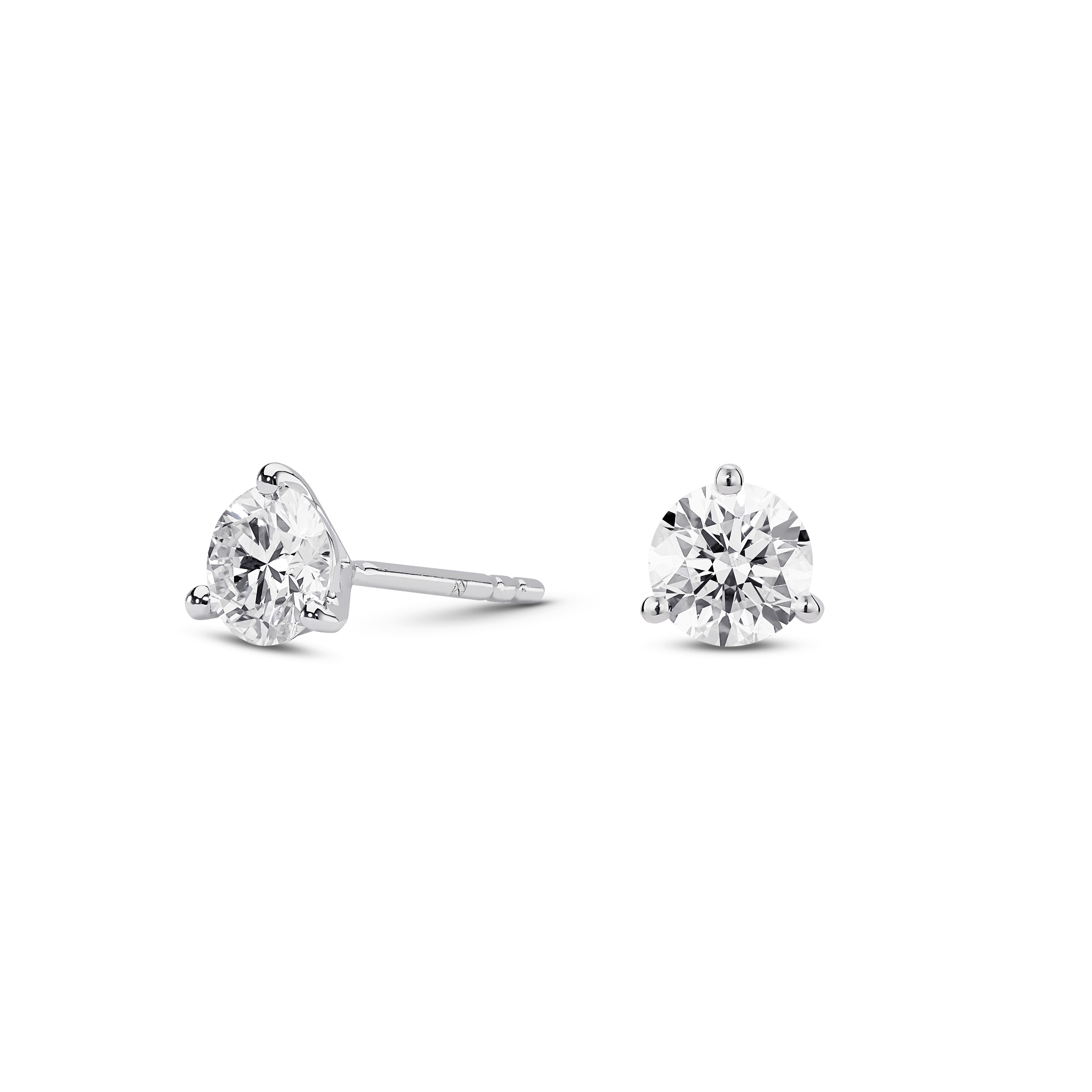 Side view of white gold, lab-grown 1 carat total weight round brilliant studs