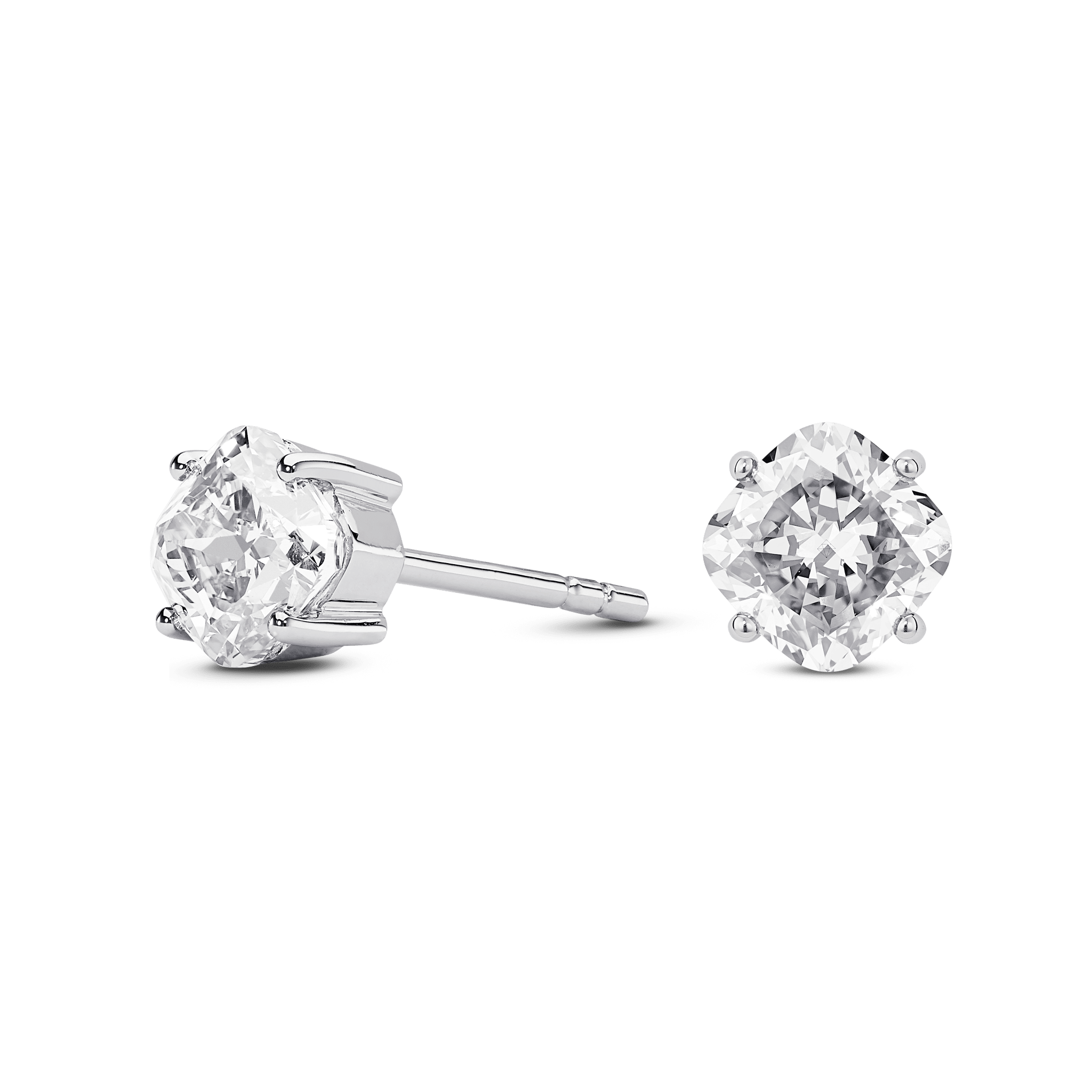 Side view of white gold 2 carat total weight lab-grown cushion cut studs