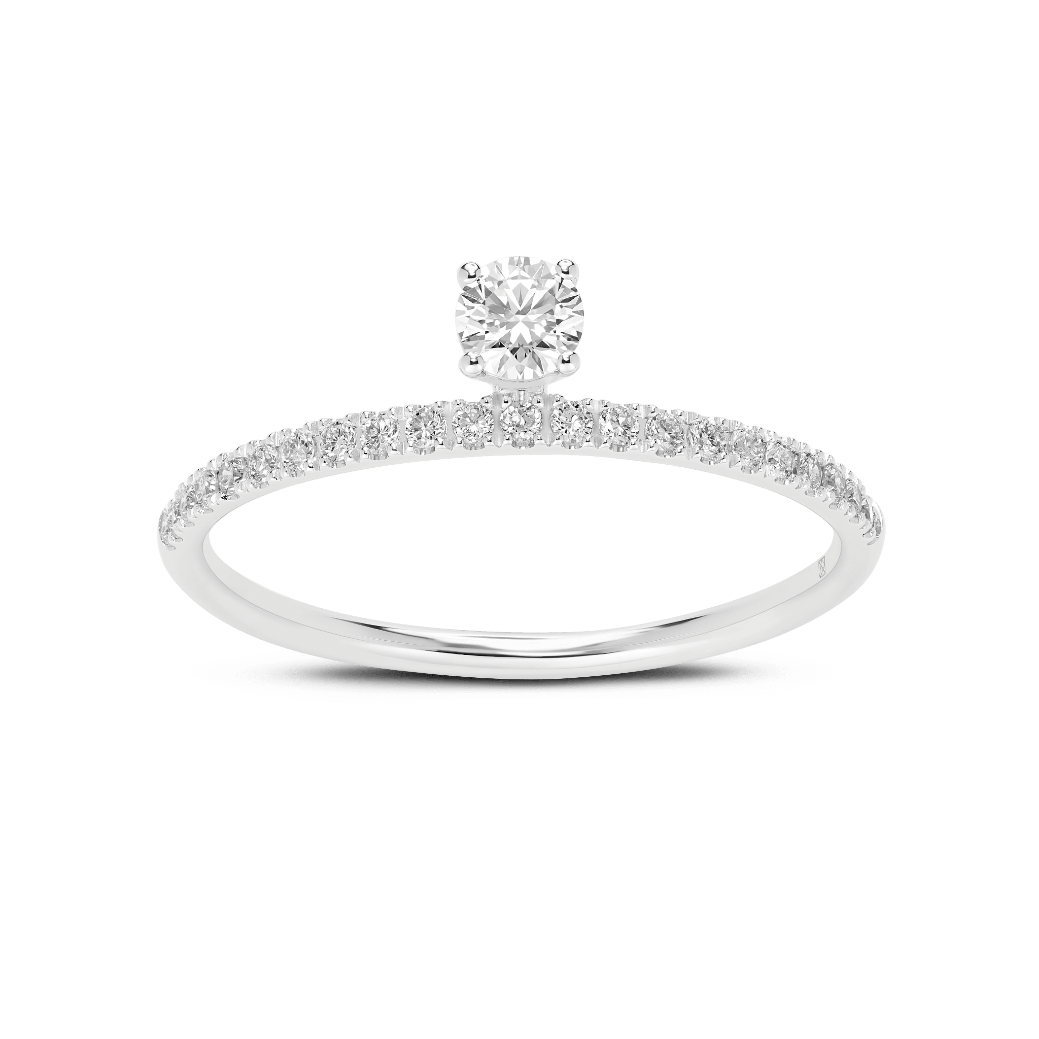 Front, angled view of a white gold, 0.25 carat total weight round brilliant lab-grown pavé stacking ring