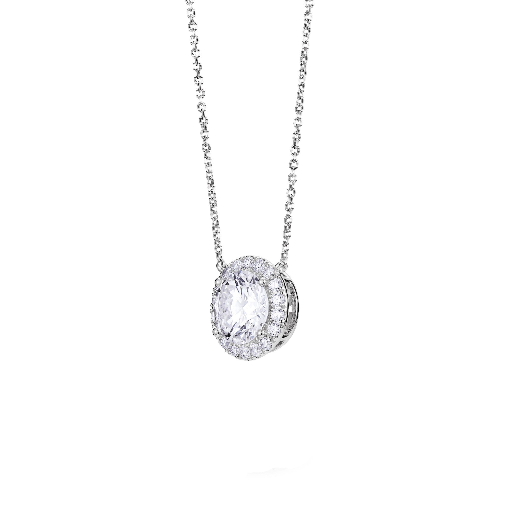 Side view of 2 carat total weight round brilliant halo pendant