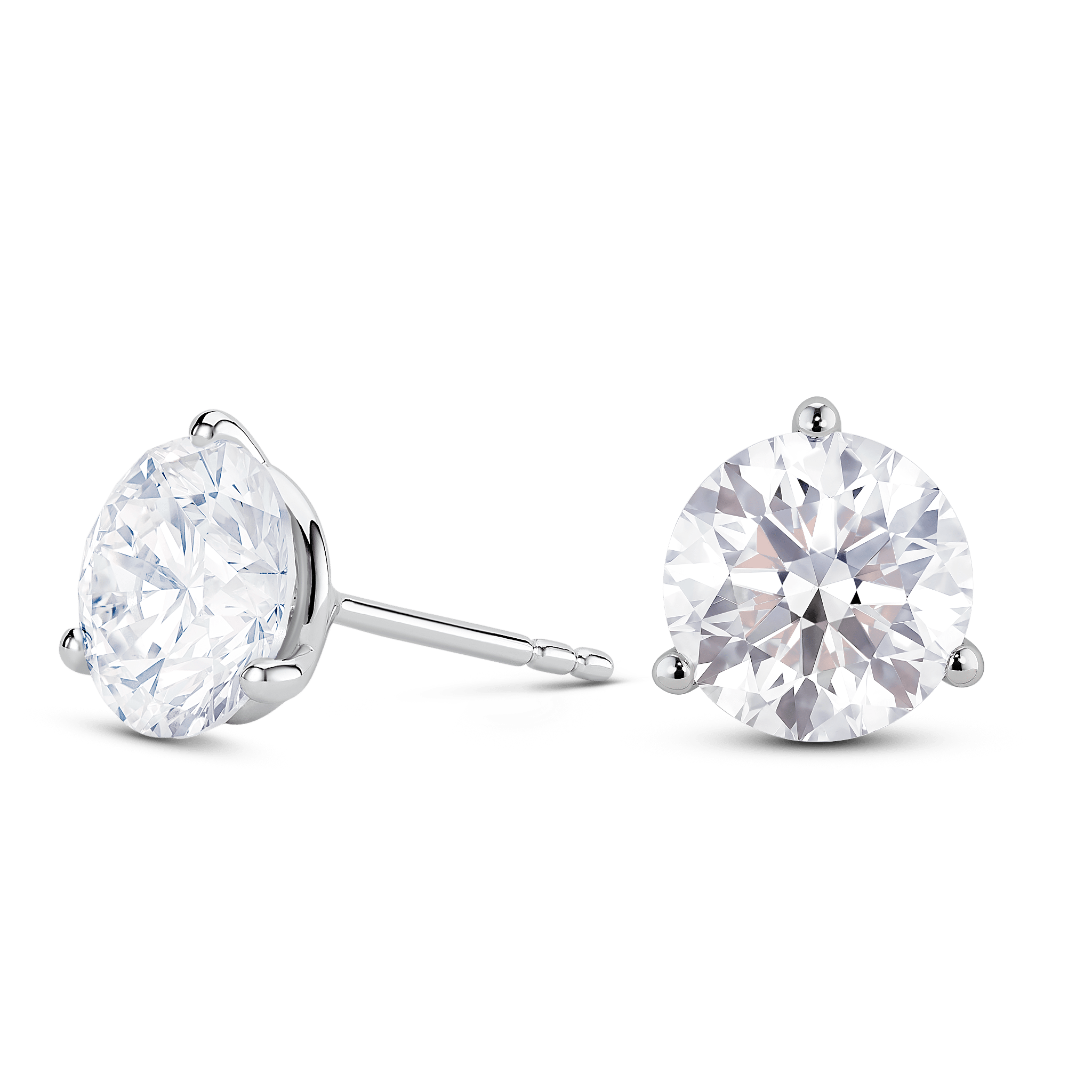 Side view of white gold, lab-grown 3.5 carat total weight round brilliant studs