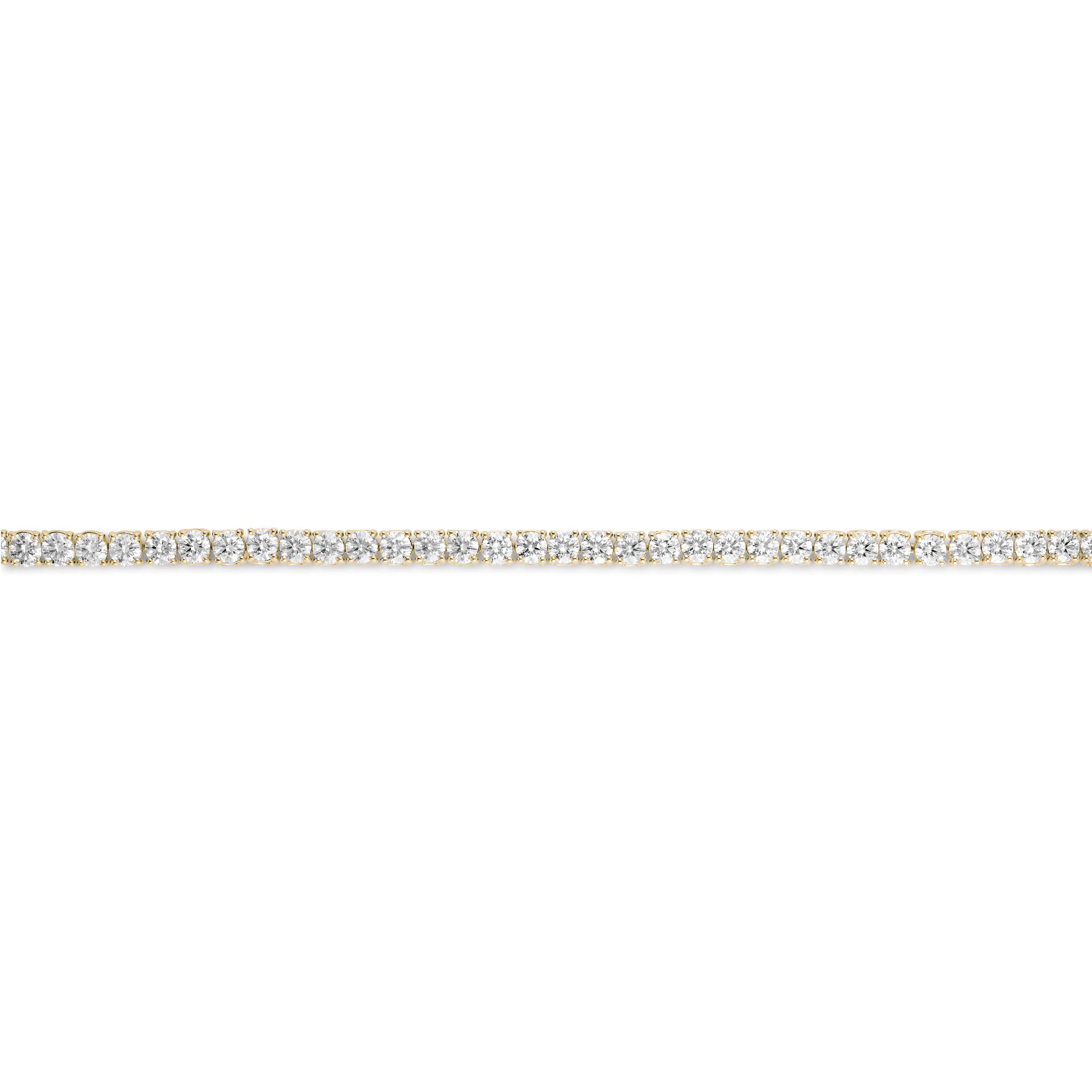 Flat, overview of 9.25 carat total weight yellow gold tennis bracelet