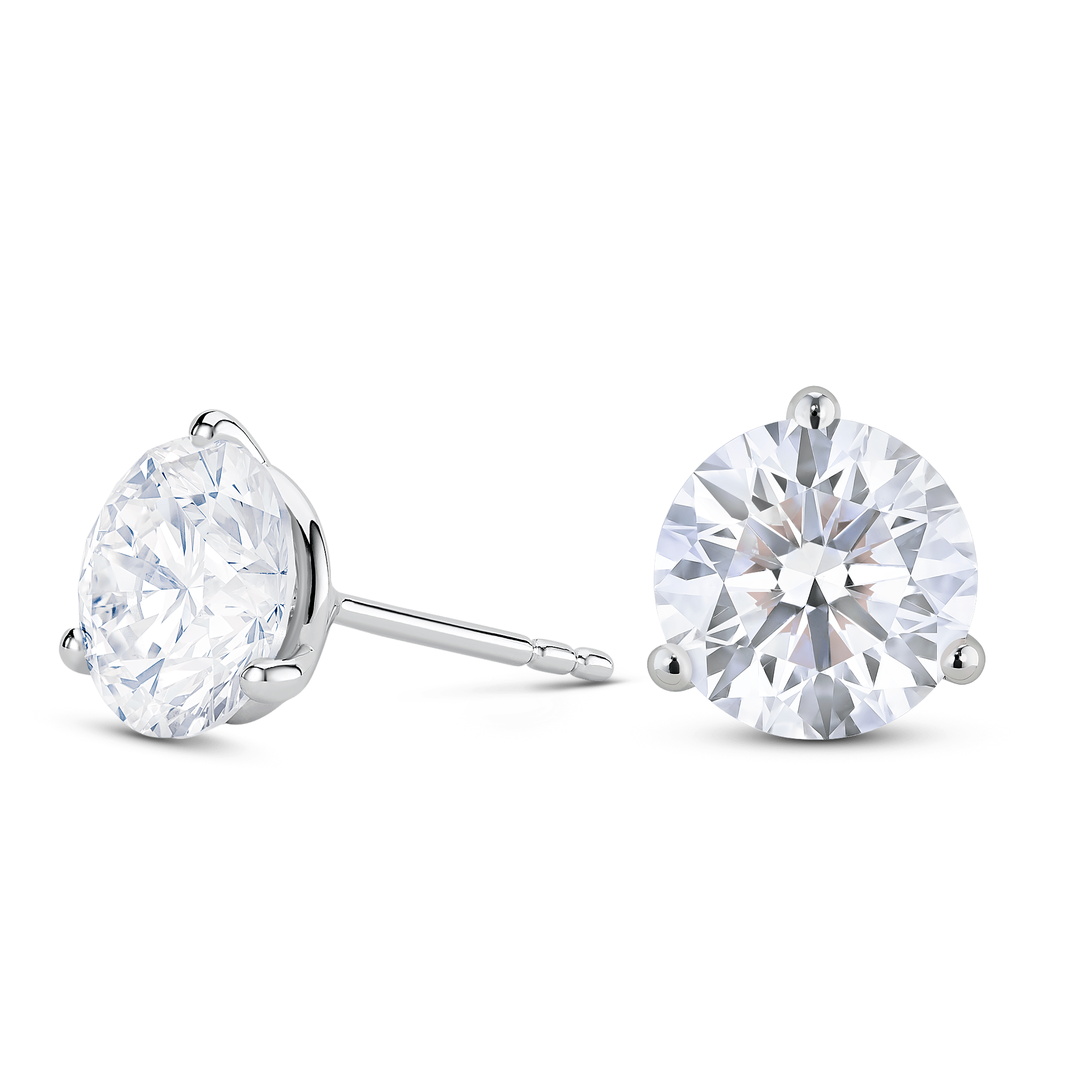 Side view of white gold, lab-grown 4 carat total weight round brilliant studs