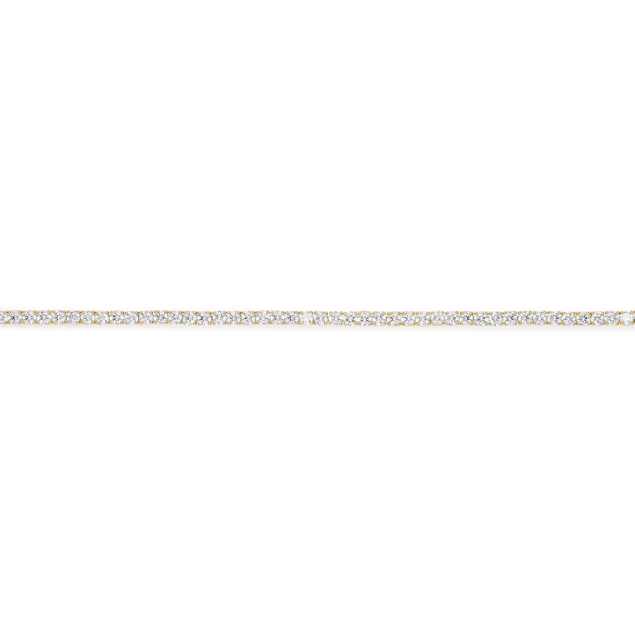 Straight overview of 5.25 carat total weight yellow gold tennis bracelet