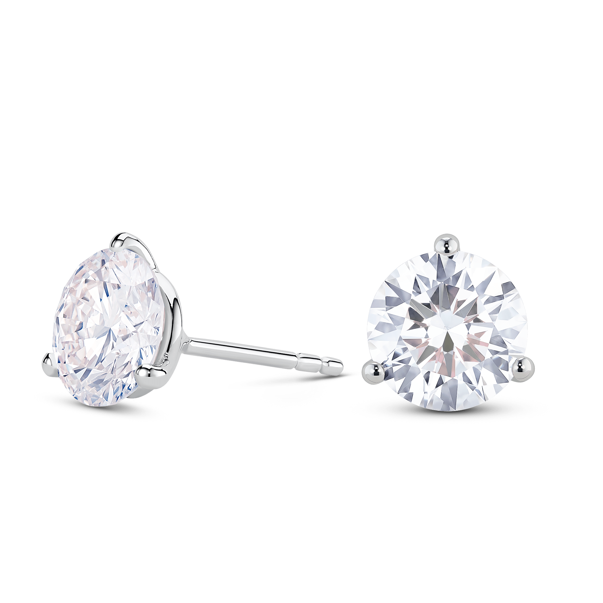 Side view of white gold, lab-grown 3 carat total weight round brilliant studs