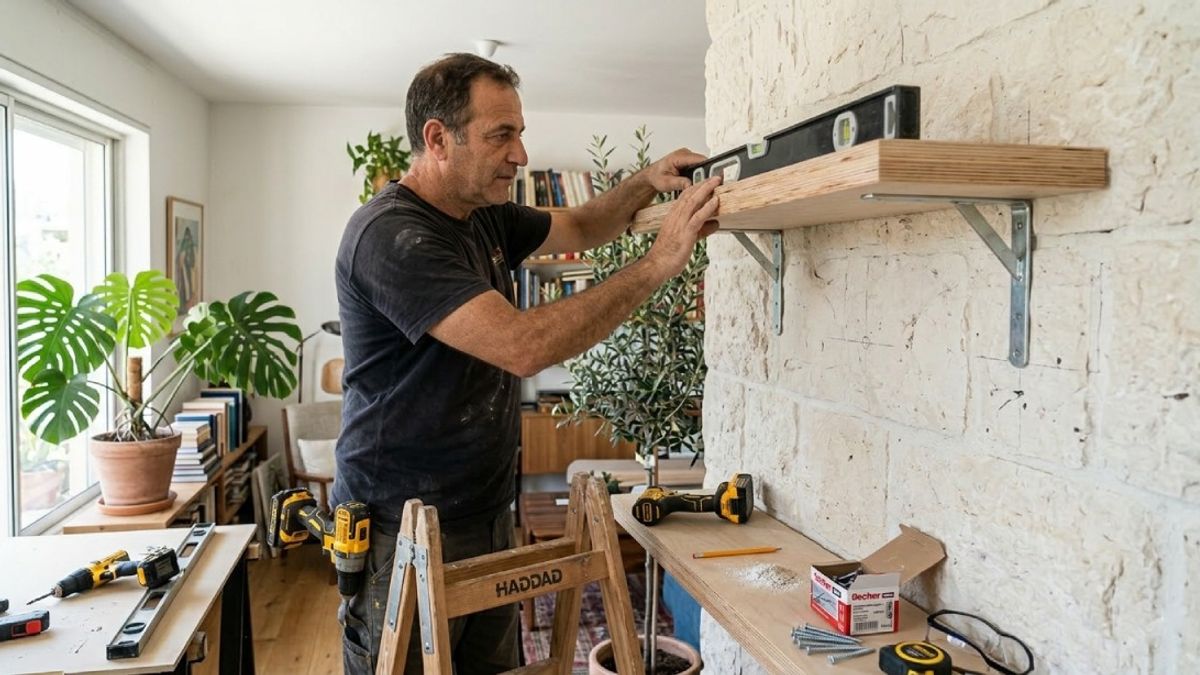 אדם בודק פילוס מדף עץ מעל ארונות עם מברגות