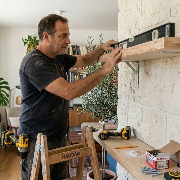 אדם בודק פילוס מדף עץ מעל ארונות עם מברגות