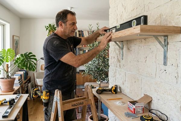 אדם בודק פילוס מדף עץ מעל ארונות עם מברגות